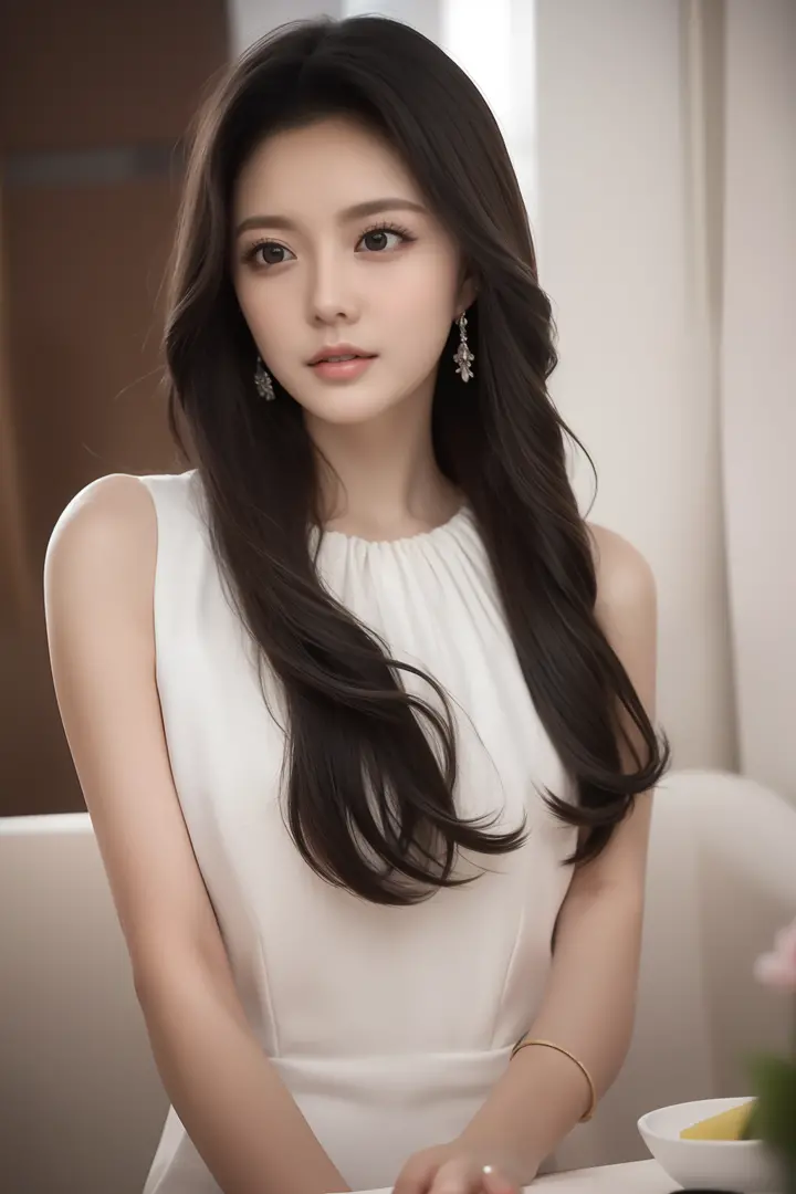 white dress,looking at viewer,  floral print,  depth of field, night cityscape, (1girl:1.6),   long hair, ulzzang-6500v1.1, (original: 1.2), (realistic: 1.3) , beautiful girl with beautiful details, extremely detailed eyes and face, eyes with beautiful det...