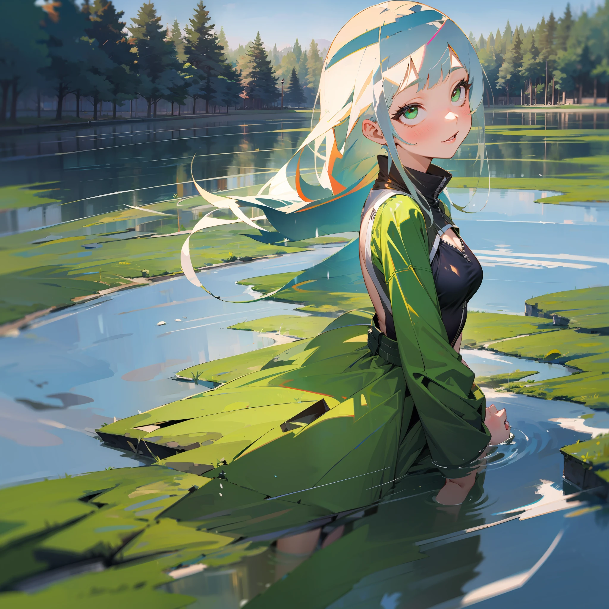 MKSKS style, (Very detailed background:1.0), (highly detailed back ground:1.0), 1girll, full_Body,, partly_unzipped, Masterpiece, Best quality, (1girll, Solo, Girl:1.2), Lake, Grass, walking on the water, Jumps, Stone ruins, color difference, Depth of field, Soft illuminated surface,Face only,White hair,Green eyes,Long hair,Floating hair,Small breasts,From above