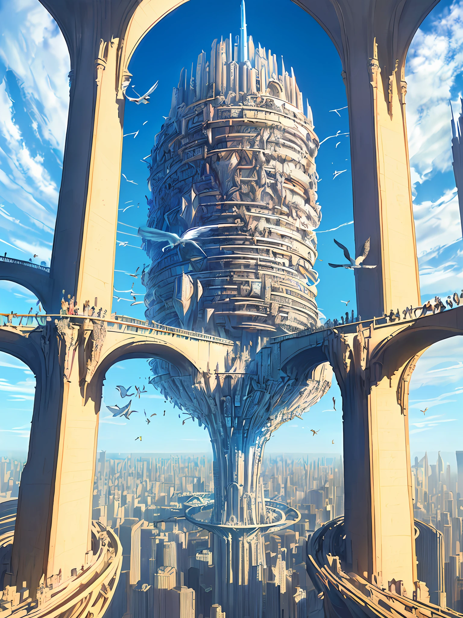 bird's eyes view，(sky cities），Giant towers and ring-stacked buildings at the top of the city，There are many arches and bridges，and the sci-fi crystal cathedral with flying buttresses，waterfallr，Many ships，Matte painting by James Gurney，Trends on CGSociety，Supersaturation，Super sharp，Ultra-realistic