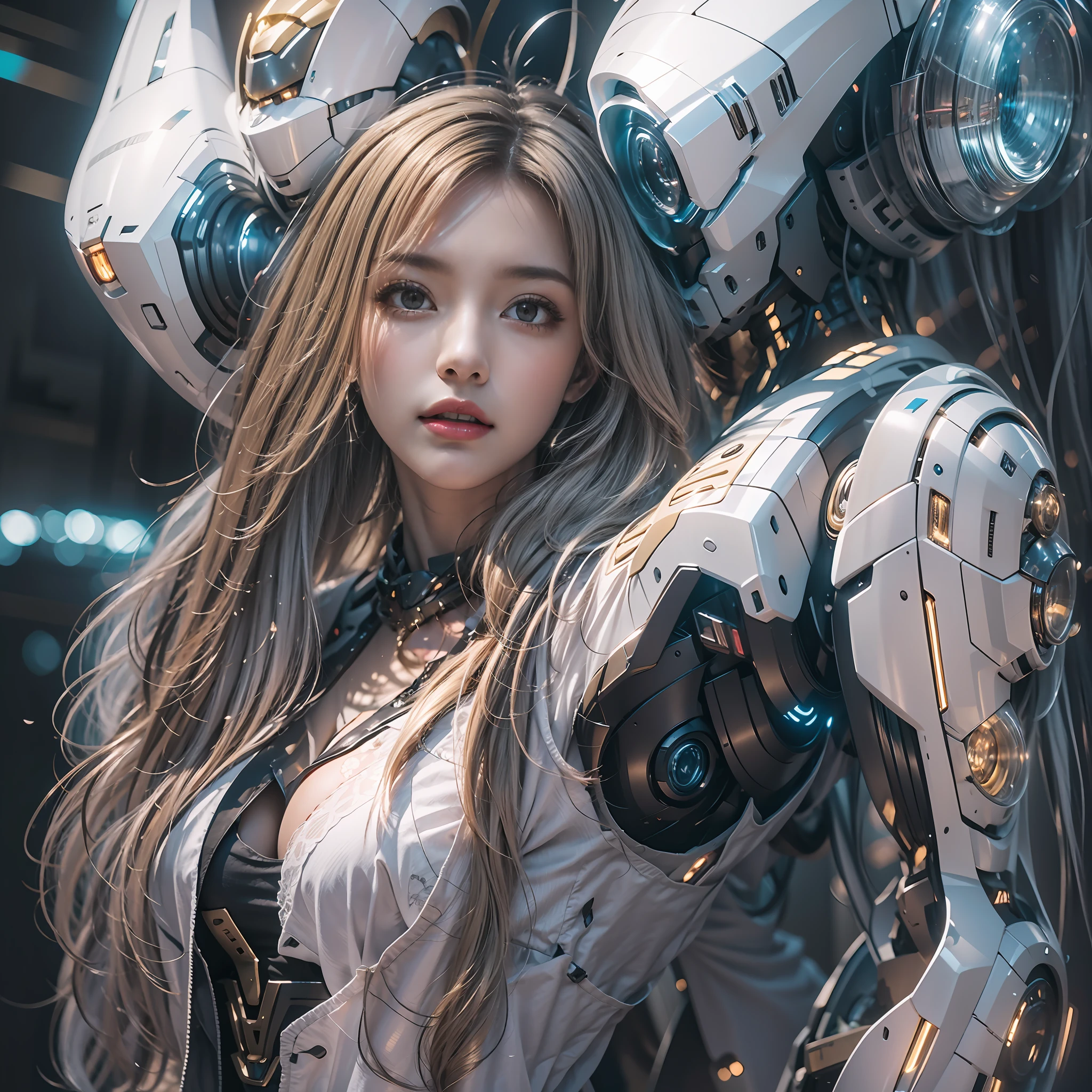 （（tmasterpiece，best qualtiy）），illustration，Ultra-detailed 8K，Clear focus，A highly detailed，Professional lighting，Colorful detailed，A girl and a mech，Beautuful Women，lottalewdsLargeMecha，cranny，with light glowing，with light glowing，Complicated details，（（1girl stands in front of the audience）），closeup cleavage，The upper part of the body