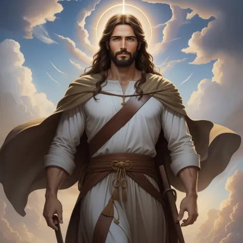A handsome god Jesus christ ( jesus) blessing to the sky  35 years old with a long brown hair and long beard, healing woman, heaven blessings light with a cross background)  happy face, realistic 8k,A beautiful ultra-thin realistic portrait of Jesus, the p...