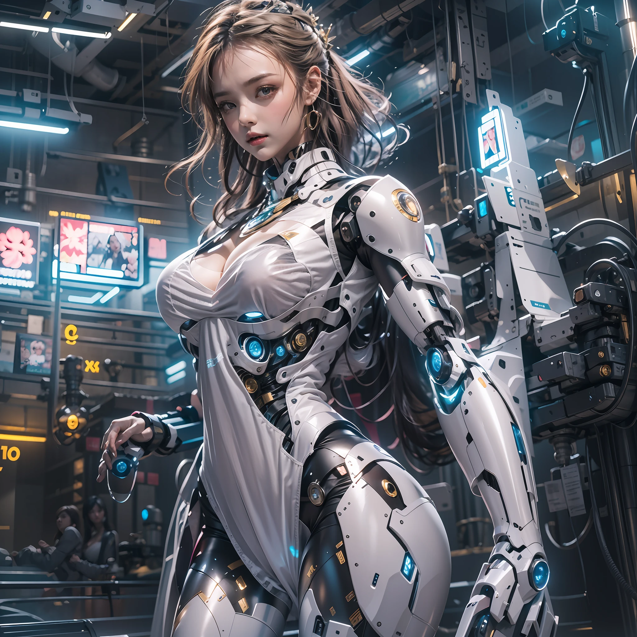 （（tmasterpiece，best qualtiy）），illustration，Ultra-detailed 8K，Clear focus，A highly detailed，Professional lighting，Colorful detailed，A girl and a mech，Beautuful Women，lottalewdsLargeMecha，cranny，with light glowing，with light glowing，Complicated details，（（1girl stands in front of the audience）），closeup cleavage，The upper part of the body