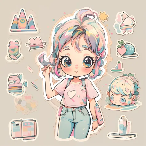 1 sticker, handbook, (a stylish girl, model, pink top, cool and cool), white background, simple background, minimal, cute, tiny, pastel color, vector style, no gradient