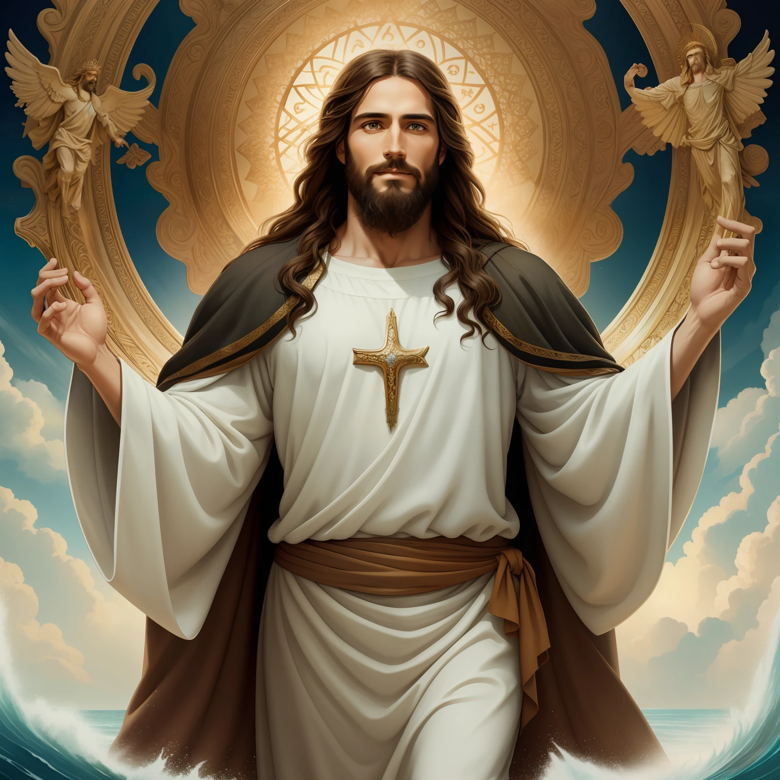 A handsome god Jesus christ ( jesus) blessing to the sky  35 years old with a long brown hair and long beard, heaven blessings light with a cross background)  happy face, realistic 8k,A beautiful ultra-thin realistic portrait of Jesus, the prophet, a man 3 Hebrew brunette, short brown hair, real perfect eyes, long brown beard, with, Helping People , wearing long linen tunic closed on the chest part, in front view, full body, biblical, realistic,by Diego Velázquez,Peter Paul Rubens,Rembrandt,Alex Ross,8k, Concept Art, PhotoRealistic, Realistic,  Illustration, Oil Painting, Surrealism, HyperRealistic, helping people , Digital art, style, watercolorReal Jesus flying on sky with a flying cloud in the background, Jesus walking on water, biblical illustration, epic biblical representation, forcing him to flee, coming out of the ocean, ! holding in hand!, disembarking, god of the ocean, beautiful representation, 8k 3D Model, realistic,
a 3D Realistic of jesus with a halo in the sky, jesus christ, smiling in heaven, portrait of jesus christ, jesus face, 35 young almighty god, portrait of a heavenly god, greg olsen, gigachad jesus, jesus of nazareth, jesus, the face of god, god looking at me, he is greeting you warmly, he is happy, avatar image