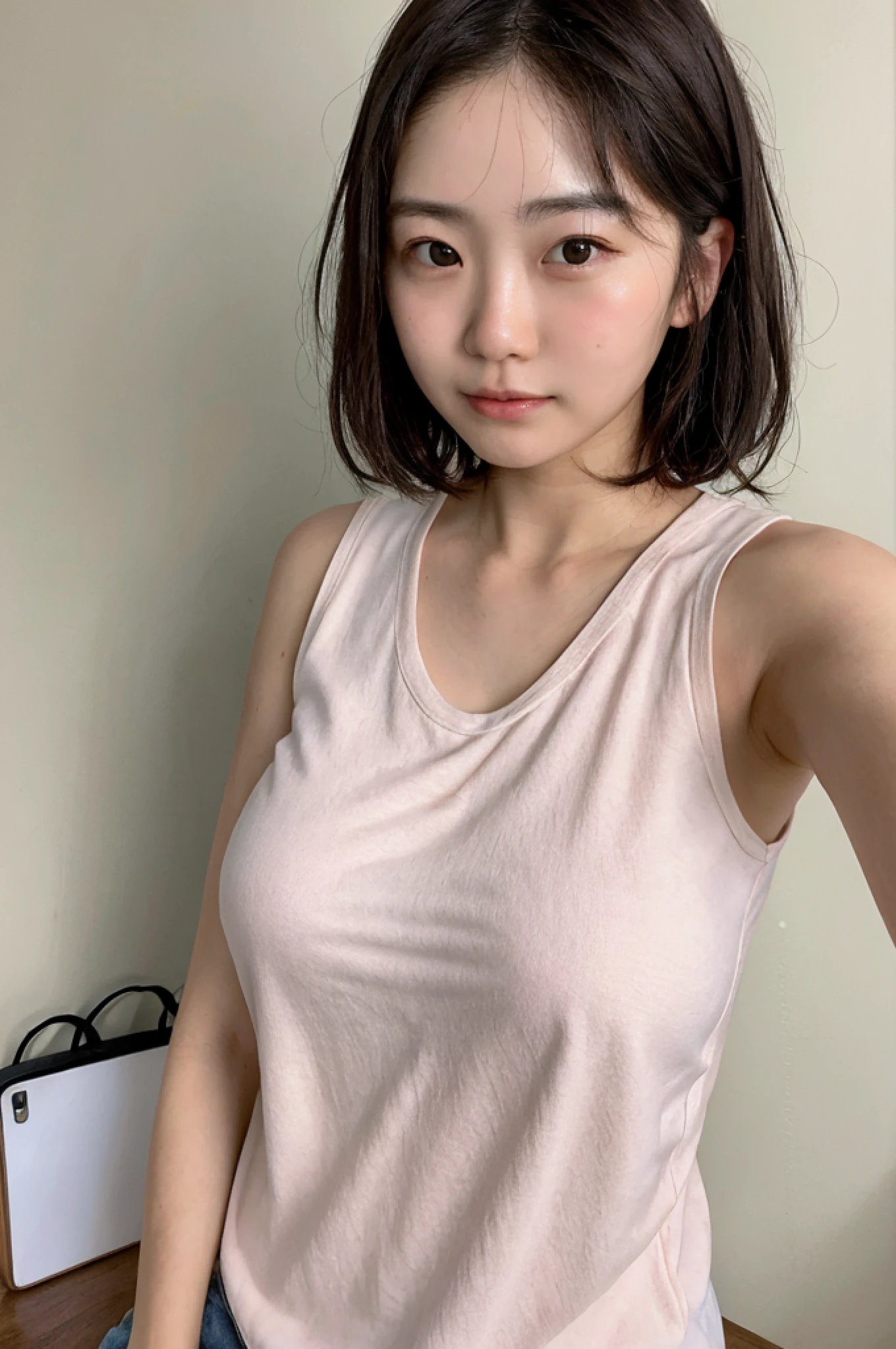 ((masterpiece)),(best quality,top quality,8k),amateur light,amateur picture,(ultra realistic poros),close up,detailed eyes and face,(raw photo:1.0),1girl,cute japanese girl wearing pink sleeveless shirt taking selfie,(messy hair,short hair:1.1),(sweating),no make up,natural face,small ,huge chest,photorealism,20 years old,room