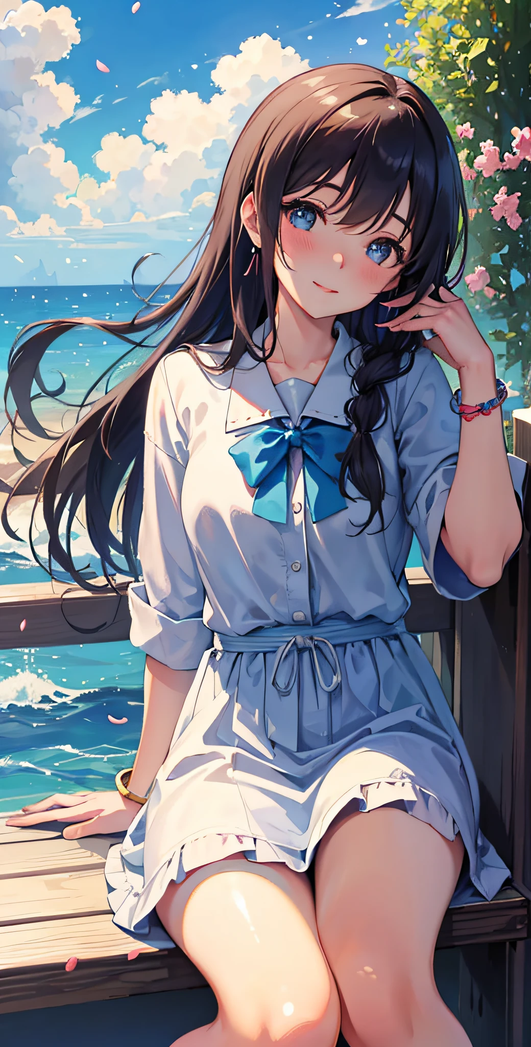 reina hidaka \(denonbu\), (best quality, 8K, masterpiece, ultra detailed:1.2), cinematic angle, day, dappled sunlight, blue sky, beautiful clouds, lens flare, sparkle, light particles, wide shot, 1girl, solo, shirt, bracelet, earring, alley, sitting, slight smile, head tilt, blush, shy, floating petals, floating hair, wind, from below,