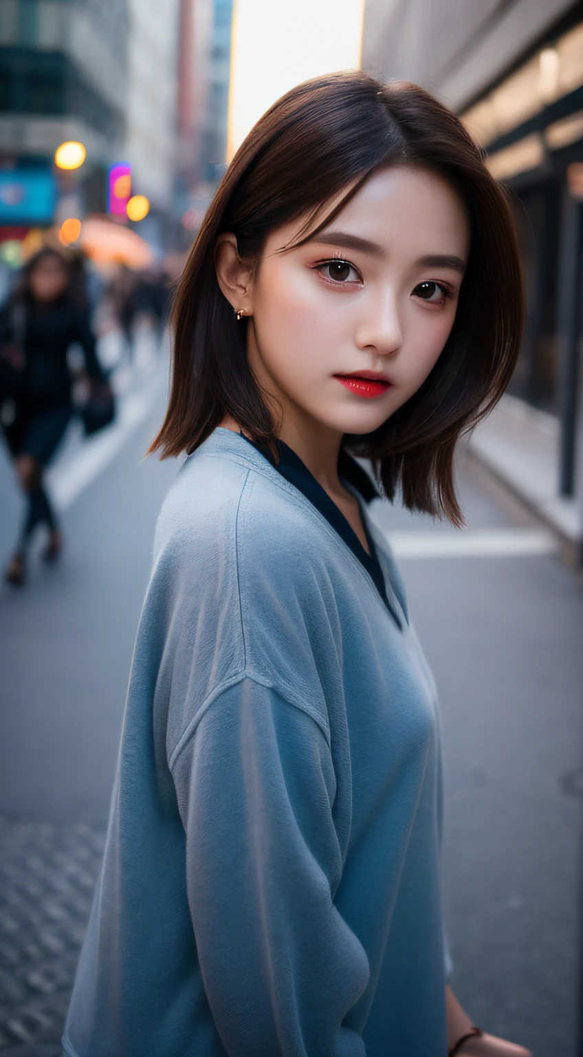 ​masterpiece, top-quality, Raw foto, Photorealsitic、full body Esbian、 beautiful a girl, cute little, shorth hair, depth of fields, hight resolution, ultra-detailliert, finely detail, ighly detailed, extremely detailed eye and face, Sharp pupils, Realistic pupils, foco nítido, Cinematic lighting、small 、In the street、Casual wear