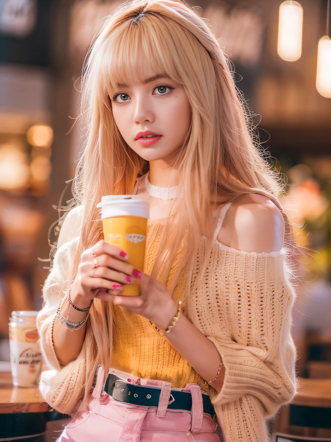 Lisa light yellow long hair, Lisa face shape, pink bottom knitted vest, open waist, bare shoulders, micro milk, pink knitted shorts hot pants, accessories, sexy, open waist long legs, café, masterpiece, superlative, realistic, HD, photography lighting, 16k