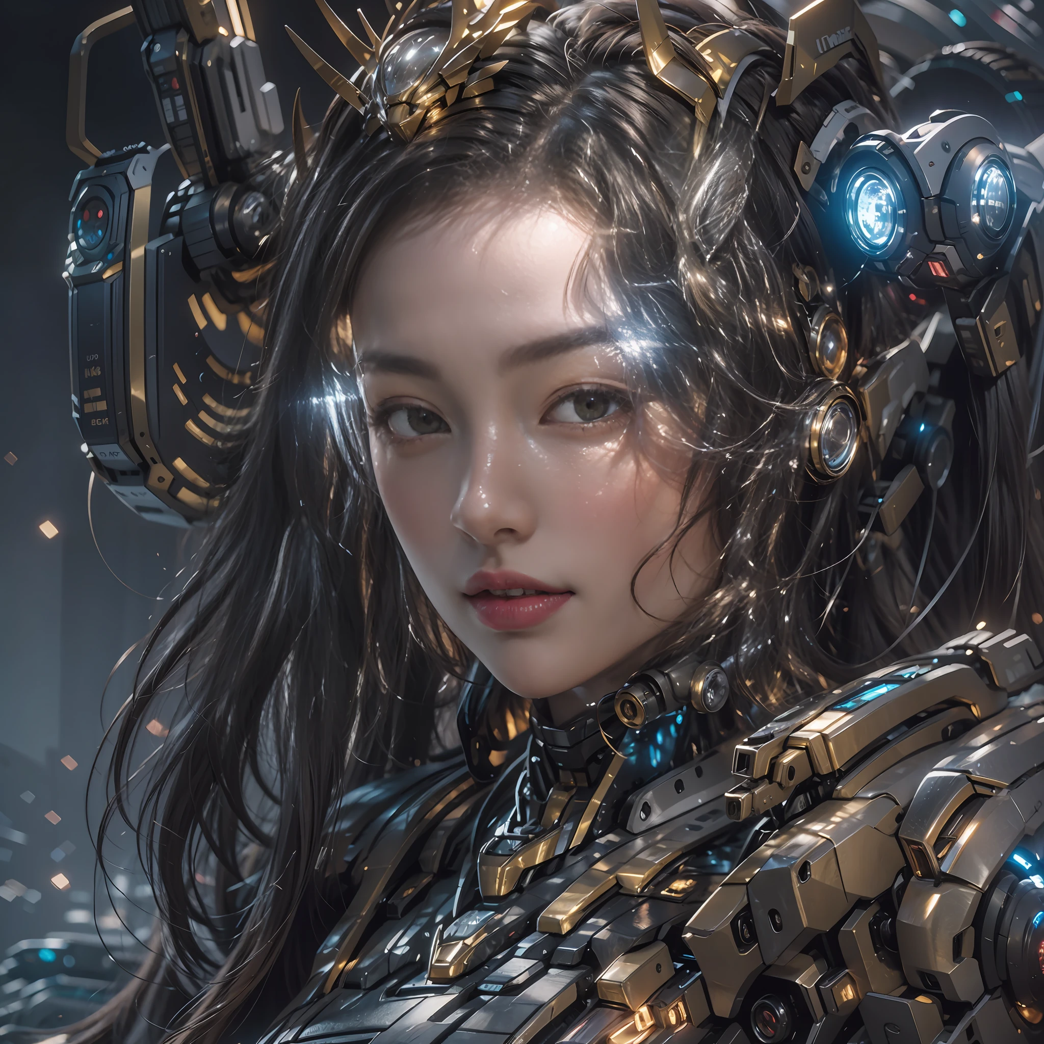 （（tmasterpiece，best qualtiy）），illustration，Ultra-detailed 8K，Clear focus，A highly detailed，Professional lighting，Colorful detailed，（（1girl stands in front of the audience）），closeup cleavage，The upper part of the body，Beautuful Women，Wearing mechs，Complex mechs，cranny，with light glowing，with light glowing，Complicated details，