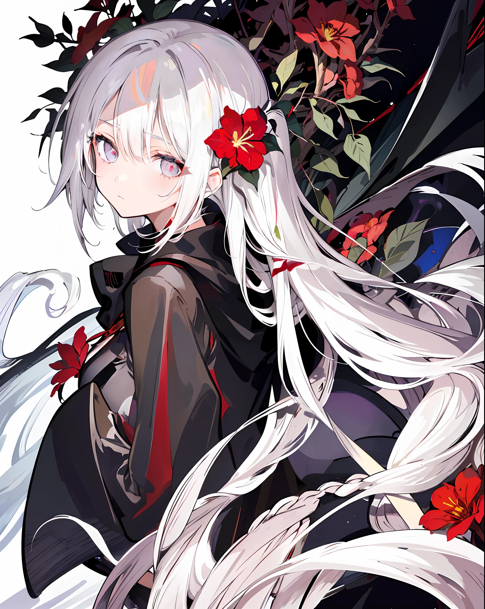 1girl,solo,1girl,solo,((beautiful detailed eyes)), (detailed light),depth of field,(white hair),silver eyes,hair over one eye,(red flower ), hair flower,long hair,black cloak,wet,emotionless,looking back,night,starfall,raining,fog,red flowers falling,sketch,upper body,intense shadows,,