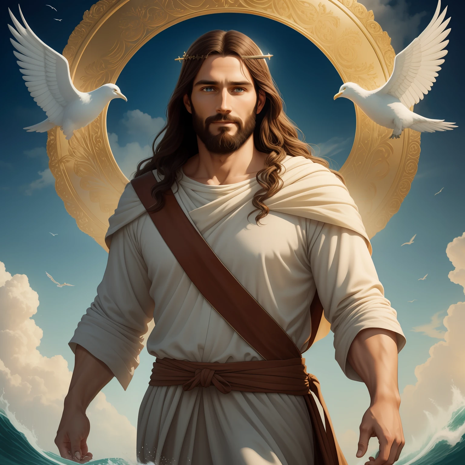 A handsome god Jesus christ ( jesus) blessing to the sky  35 years old with a long brown hair and long beard, heaven blessings light with a cross background)  happy face, realistic 8k,A beautiful ultra-thin realistic portrait of Jesus, the prophet, a man 35 years old Hebrew brunette, short brown hair, real perfect eyes, long brown beard, with, Helping People , wearing long linen tunic closed on the chest part, in front view, full body, biblical, realistic,by Diego Velázquez,Peter Paul Rubens,Rembrandt,Alex Ross,8k, Concept Art, PhotoRealistic, Realistic,  Illustration, Oil Painting, Surrealism, HyperRealistic, helping people , Digital art, style, watercolorReal Jesus flying on sky with a flying cloud in the background, Jesus walking on water, biblical illustration, epic biblical representation, forcing him to flee, coming out of the ocean, ! holding in hand!, disembarking, god of the ocean, beautiful representation, 8k 3D Model, realistic,
a 3D Realistic of jesus with a halo in the sky, jesus christ, smiling in heaven, portrait of jesus christ, jesus face, 35 young almighty god, portrait of a heavenly god, greg olsen, gigachad jesus, jesus of nazareth, jesus, the face of god, god looking at me, he is greeting you warmly, he is happy, avatar image