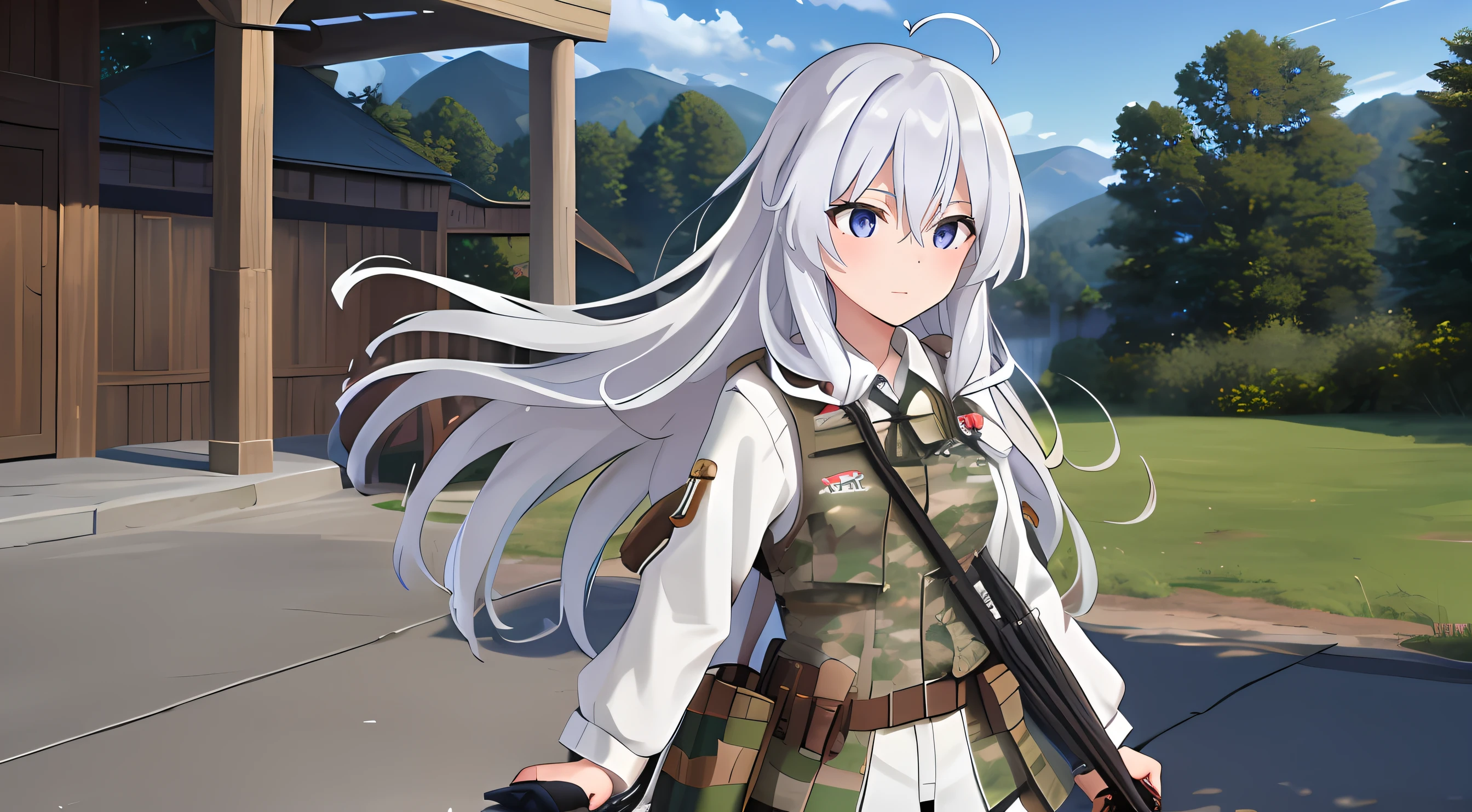 elaina, (masterpiece:1.6, best quality), HDR, 1girl,solo,shiny skin, white hair, shiny hair, long hair, ballistic helmet, use helm, armor, army clothes, woodlands camo, vest, chestrig, gun, sling, grande, Tactical gloves, war background, war, tank, combat, explosion, military, Sunlight, shadow, gunfire, helicopters, Battlefields