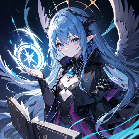 death, blood, night, darkness, (fantasy), infinity, deep blue sky, abyss of knowledge, knowledge, ((masterpiece)),(((extreme))),((beautiful detailed eyes)),(eyelashes) , monster, (1 female), blue hair, long hair, abyssal eyes, shiny skin, oil, small chest,...