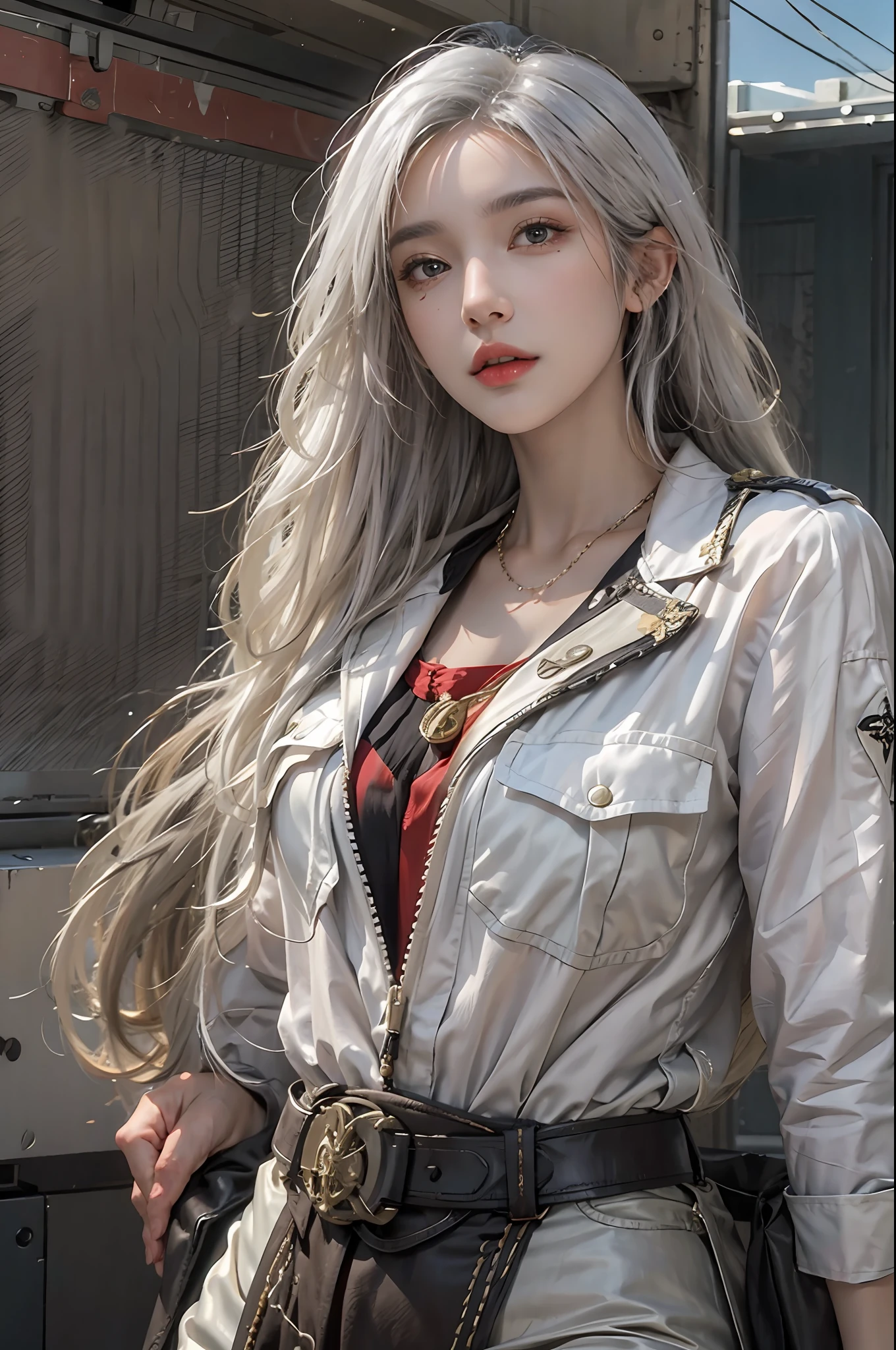 photorealistic, high resolution, 1women, solo, hips up, look at viewer, (detailed face), white hair, long hair, military uniform, jewelry