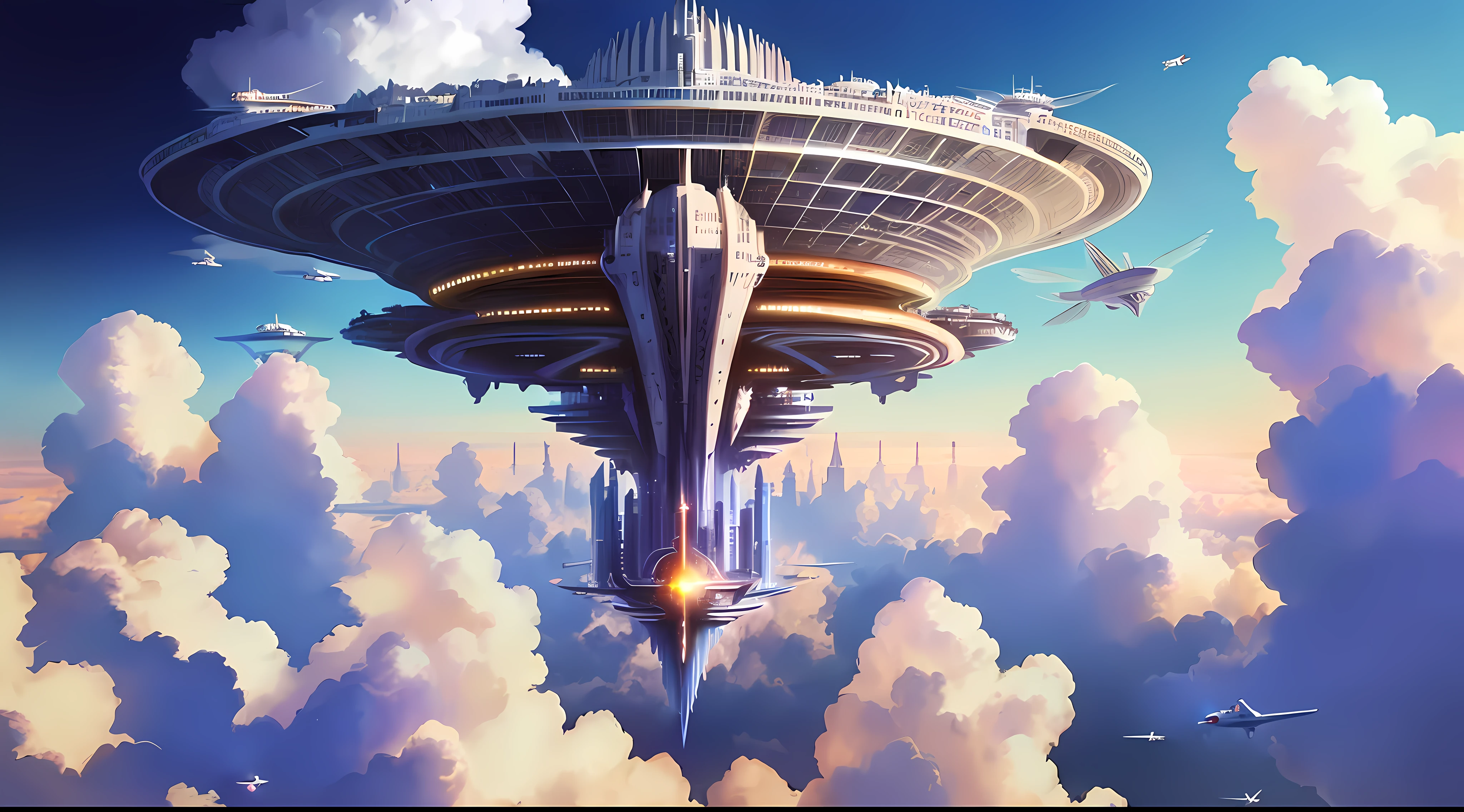 bird's eyes view，(sky cities），Lots of clouds，Sea of clouds，Giant towers and ring-shaped stacked buildings at the top of the city，There are many arches and bridges，and the sci-fi crystal cathedral with flying buttresses，waterfallr，Many ships，Matte painting by James Gurney，Trends on CGSociety，Supersaturation，Super sharp，Ultra-realistic