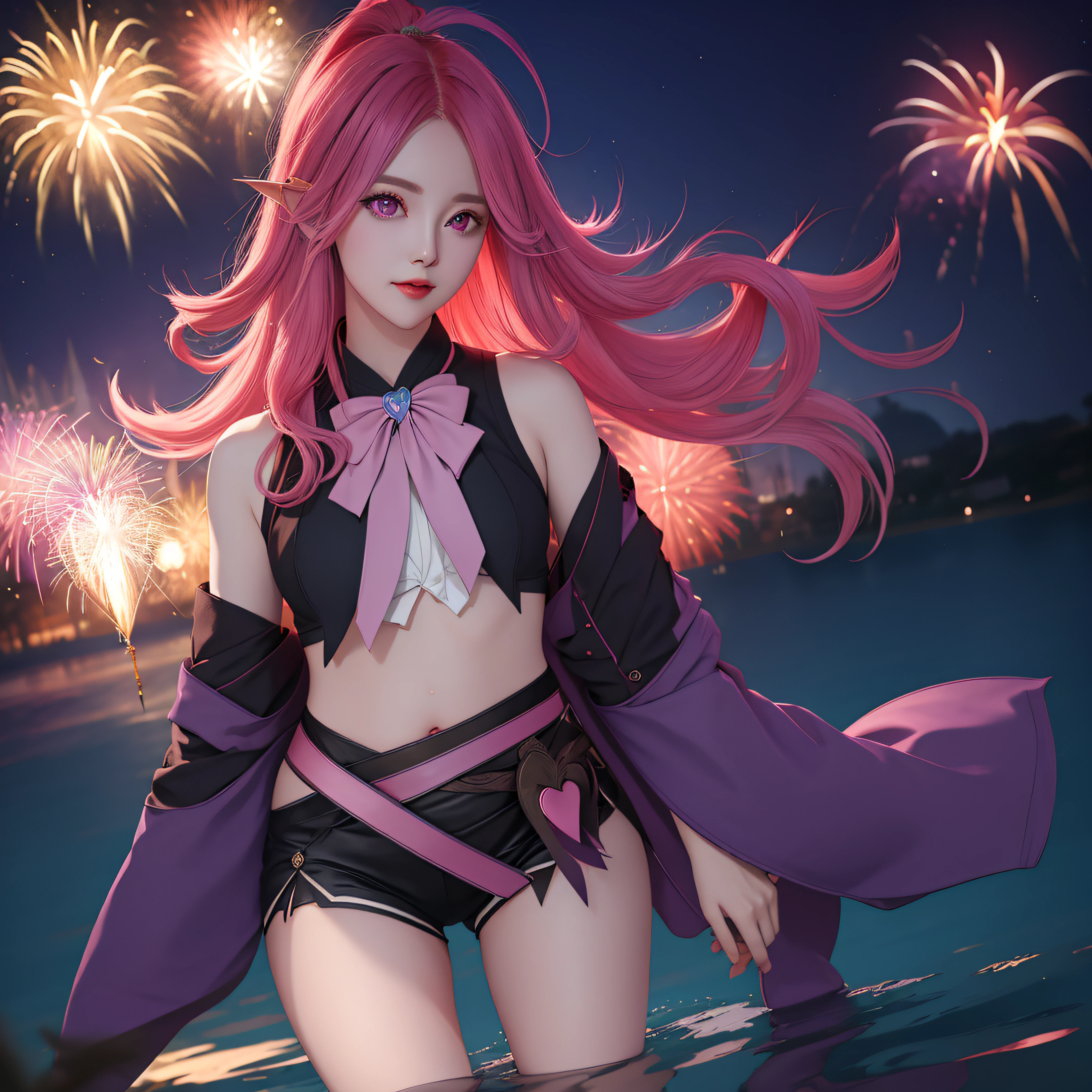 Keera, 1girl, pink hair, hair spread out, hair between eyes, very long hair, bowtie, parted lips, pointy ear, purple eyes, sleeves past wrists, black sleeves, black shorts, belt, detached sleeves, ahoge, heart necklace, navel, smile, looking at viewer, lily \(flower\),(fireworks),(aerial fireworks),firework background,(night),shrine,lake, light reflection \(water\), standing, from below,fiction art, RAW photo, hanfu picture, best photo, best photo quality, 8k quality, 8k ultra, super realistic, real photo most economical, the goddess poses sexy and seductive,