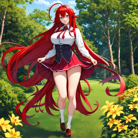 masterpiece, realistics , best quality, high res, best quality, rias gremory, 1girl, solo, long hair, (school uniform|lingere|bikni|bodycon), red hair, ahoge, blue eyes, large breasts, very long hair, breasts, socks, outdoors, standing, spread legs, (skirt...