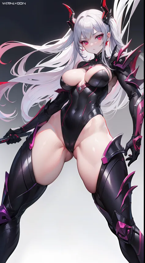 (ultra-definition), Big anime character with sharp whip and red skin and silver hair, thick smooth warframe thighs, Guyver Style, fuchsia skin below the armor, Beautiful Lady in Warframe, Devil's Tail, gynoid body, Commission for high resolution, Widowmake...