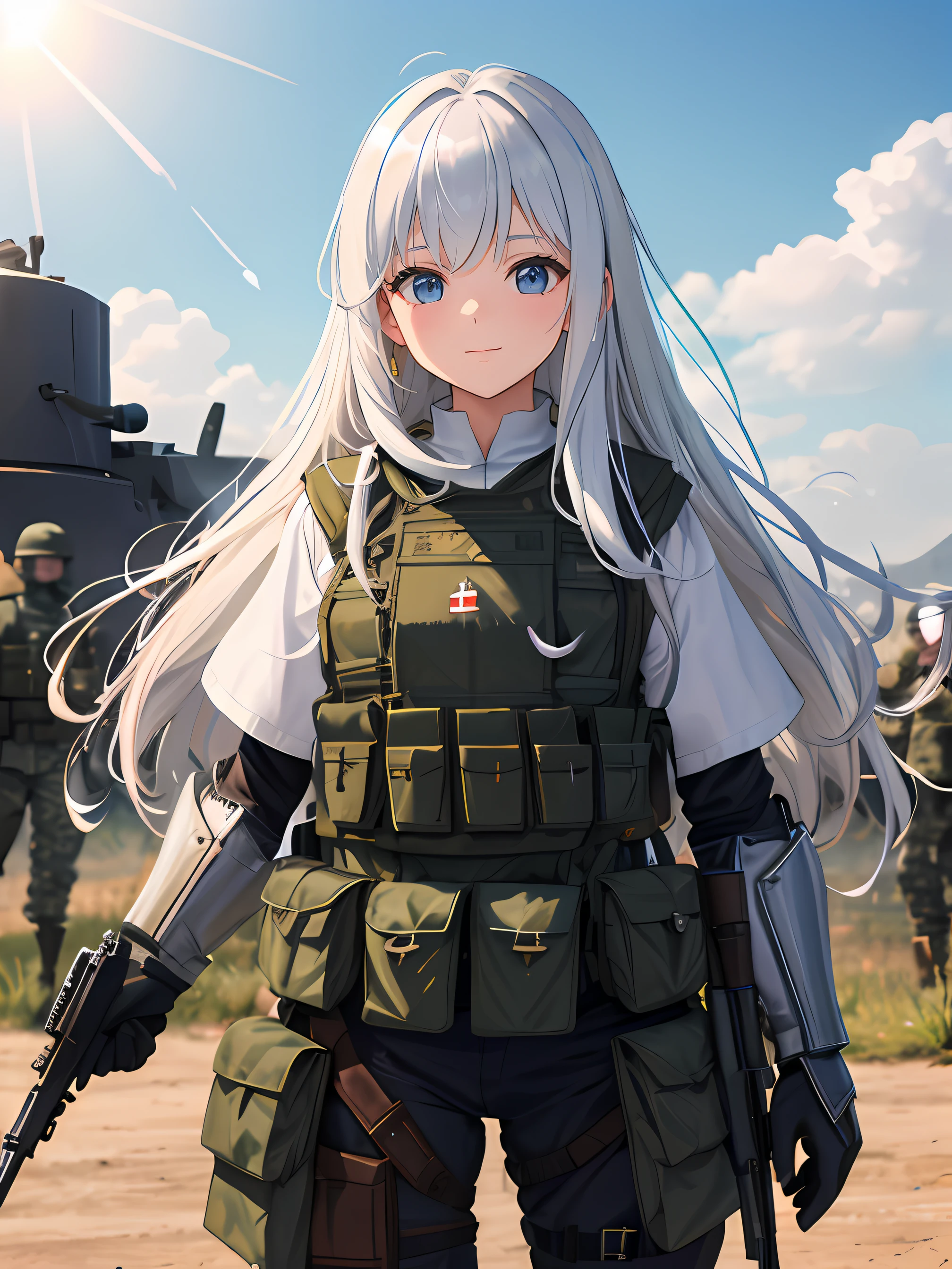 elaina, (masterpiece:1.6, best quality), HDR, 1girl,solo,shiny skin, white hair, shiny hair, long hair, ballistic helmet, use helm, armor, army clothes, woodlands camo, vest, chestrig, gun, grande, Tactical gloves, war background, war, tank, combat, explosion, military, Sunlight, shadow, gunfire, helicopters, Battlefields