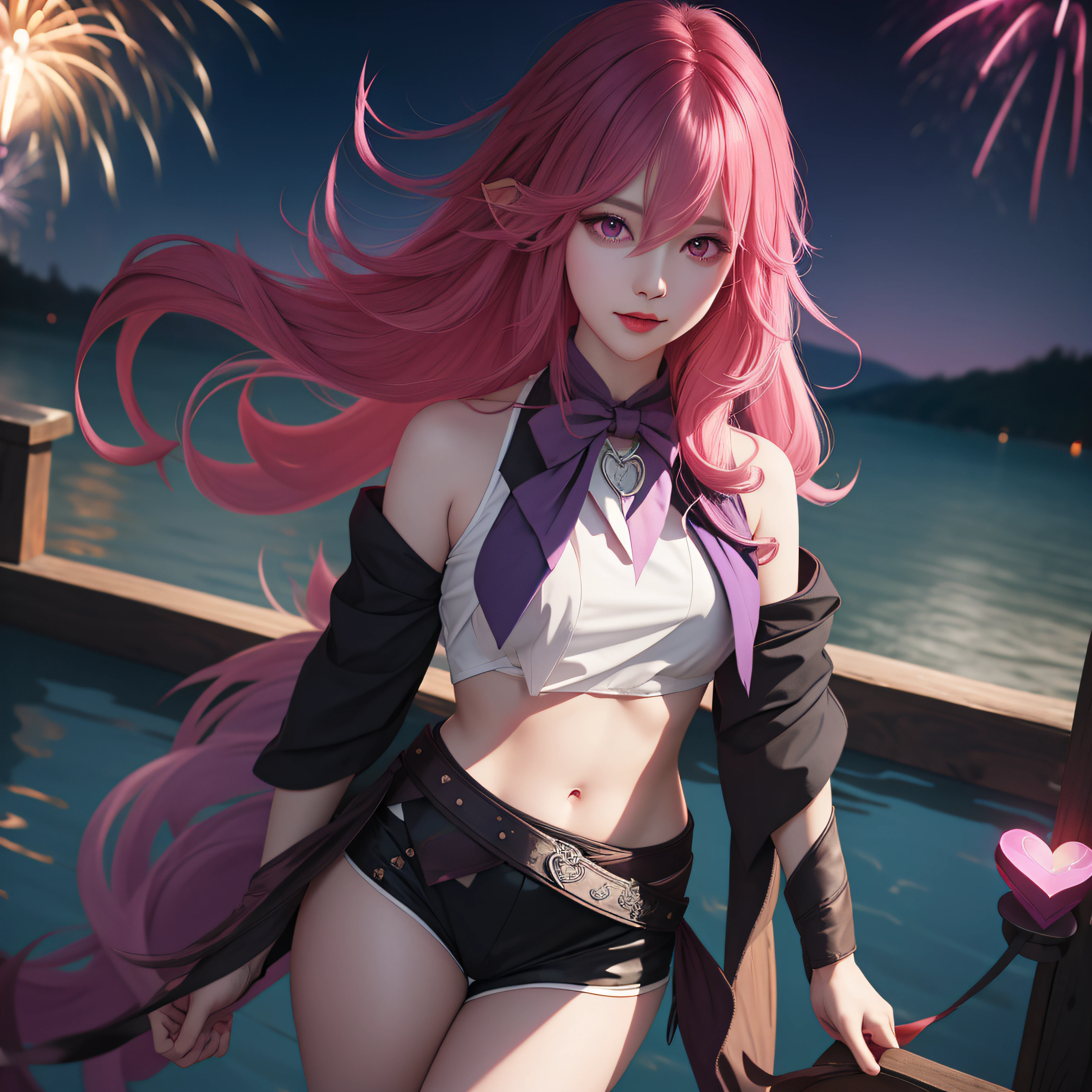 Keera, 1girl, pink hair, hair spread out, hair between eyes, very long hair, bowtie, parted lips, pointy ear, purple eyes, sleeves past wrists, black sleeves, black shorts, belt, detached sleeves, ahoge, heart necklace, navel, smile, looking at viewer, lily \(flower\),(fireworks),(aerial fireworks),firework background,(night),shrine,lake, light reflection \(water\), standing, from below,fiction art, RAW photo, hanfu picture, best photo, best photo quality, 8k quality, 8k ultra, super realistic, real photo most economical, the goddess poses sexy and seductive,