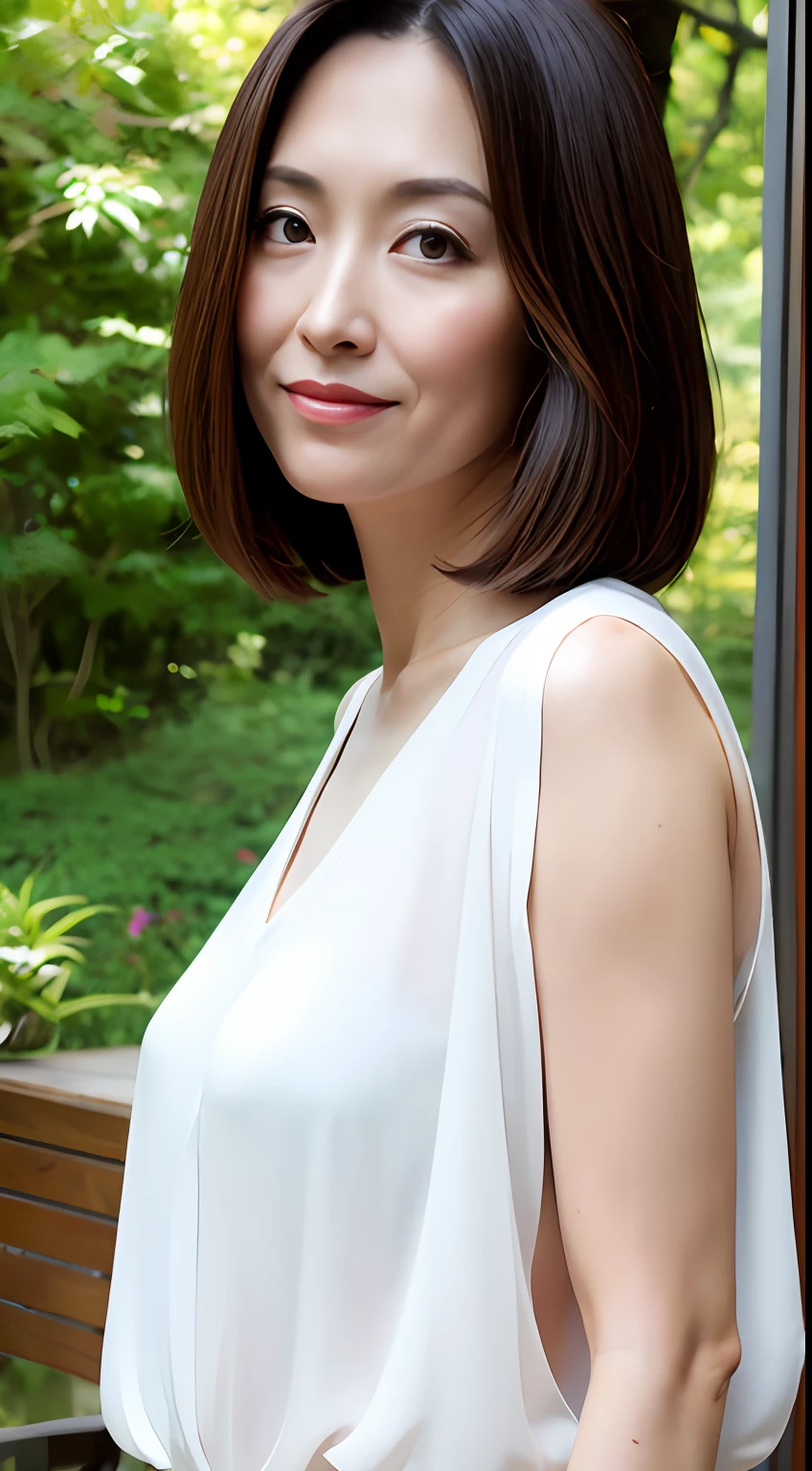 Dark brown hair, light brown eyes, Japan actress face, adult woman, face about 40 years old, (complex details: 1.2), (highest quality: 1.4), (ultra high definition: 1.2), ultra high resolution, (detailed eyes), (detailed facial features), HDR, 8k resolution, terrace in the woods, moderately sized breasts, wearing a thin sheer blouse shirt, bra showing through, Wearing a thin sheer tight miniskirt, buttocks, buttocks showing towards us, knees smooth, short hair, short hair,