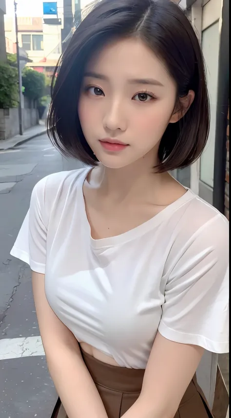 ((Best Quality, 8K, masutepiece: 1.3)), (White T-shirts and skirts: 1.3), Focus: 1.2, Perfect Body Beauty: 1.4, Buttocks: 1.2, ((Layered Haircut: 1.2)), (Dark Street: 1.3), Highly detailed face and skin texture, Detailed eyes, Double eyelids, Whitening ski...