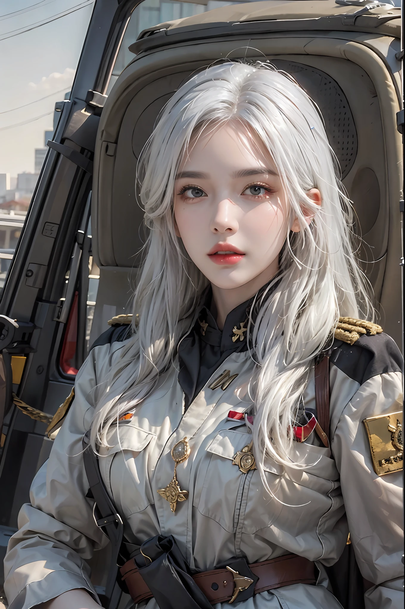 photorealistic, high resolution, 1women, solo, hips up, look at viewer, (detailed face), white hair, long hair, military uniform, jewelry