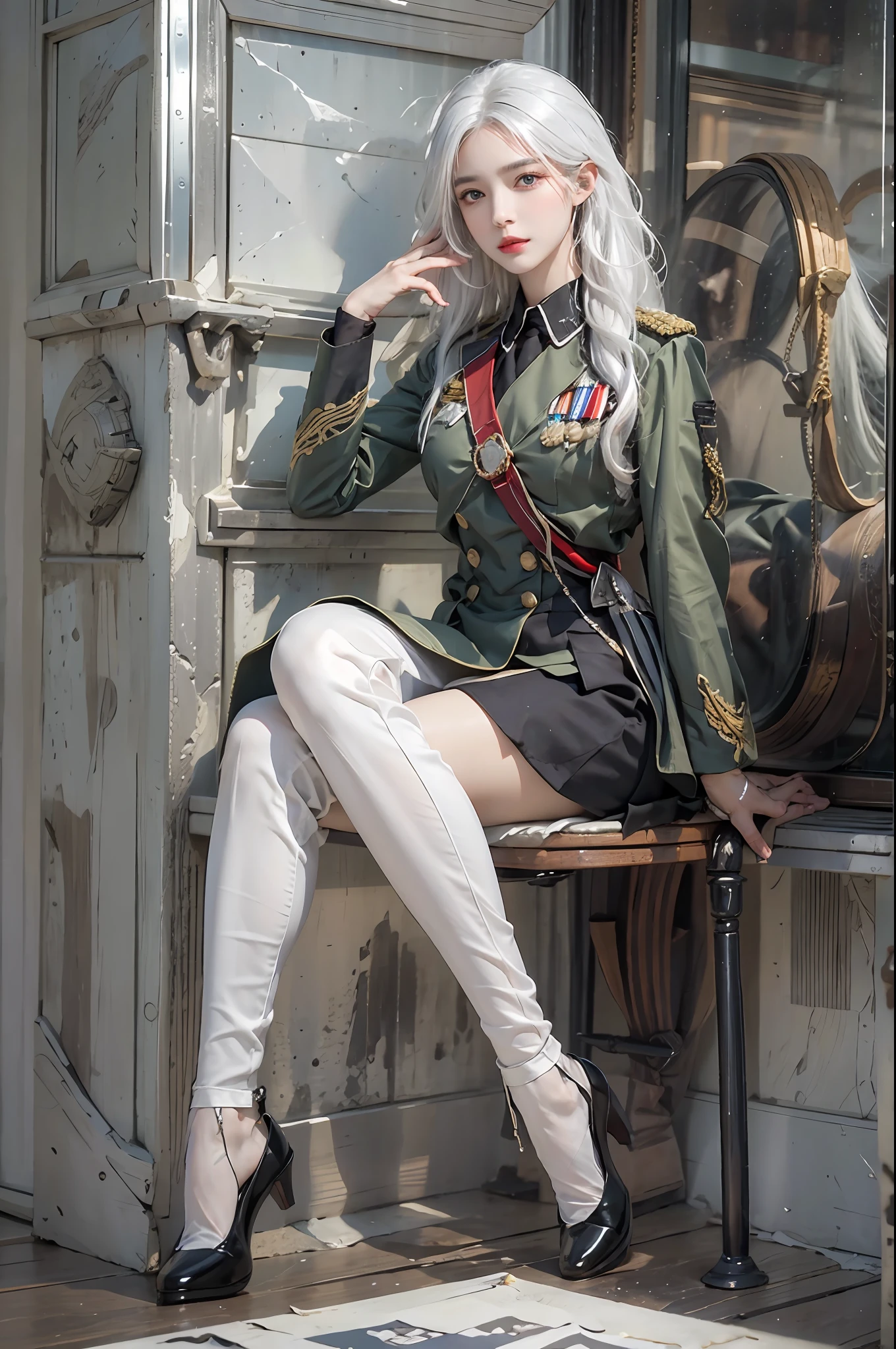 photorealistic, high resolution, 1women, solo, hips up, look at viewer, (detailed face), white hair, long hair, military uniform, jewelry