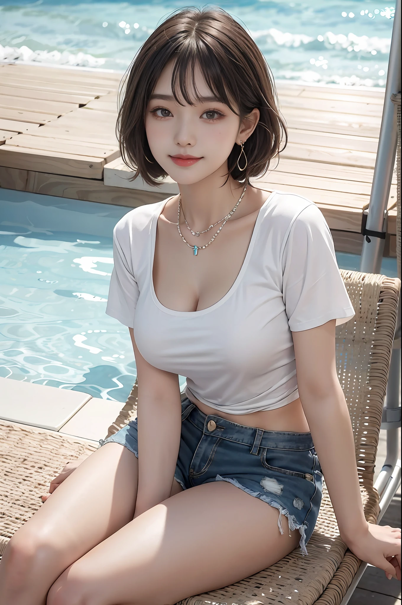 8K RAW photos, high resolution, 17-year-old Korean, very big round breasts, cleavage, bright brown hair, bowl cut, t-shirt, shorts, very thin mouth, duck mouth, smile,, beautiful eyes in detail,, long eyes, sanpaku eyes, dark cheek makeup, long eyelashes, beautiful double eyelids, eyeshadow, beautiful thin legs, necklace, earrings, poolside, Use a beach chair