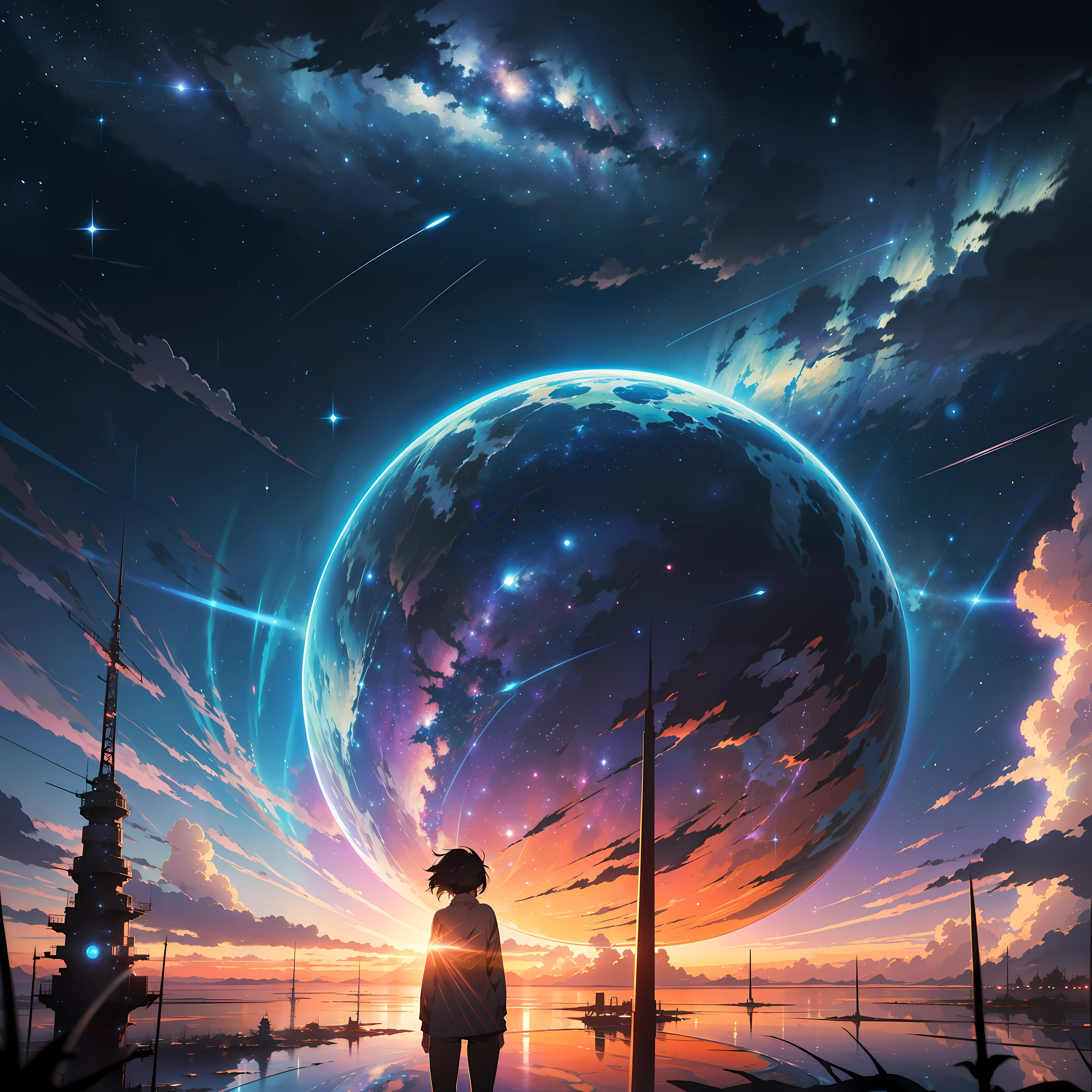 anime - style scene of a beautiful sky with a star and a planet, cosmic skies. by makoto shinkai, anime art wallpaper 4k, anime art wallpaper 4 k, anime art wallpaper 8 k, anime wallpaper 4k, anime wallpaper 4 k, 4k anime wallpaper, anime sky, amazing wallpaper, anime background, heaven planet in background, anime background art