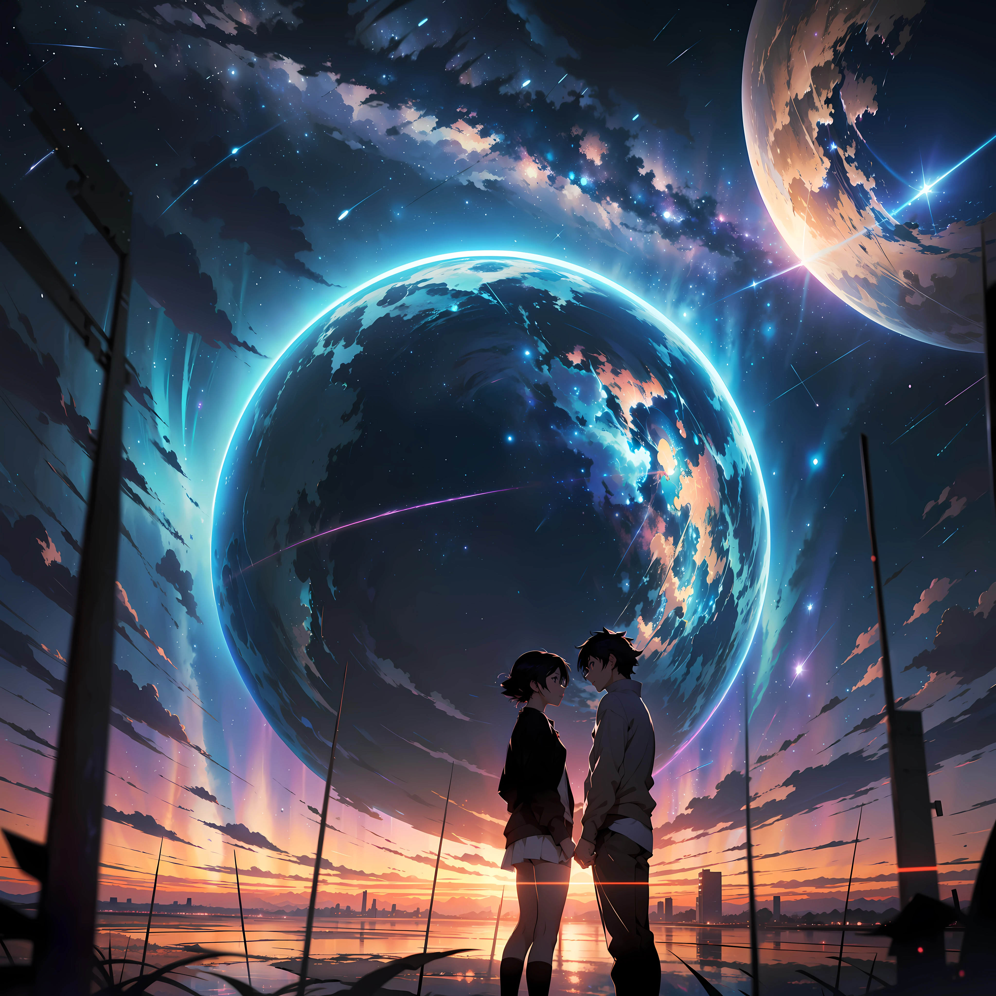 anime - style scene of a beautiful sky with a star and a planet, cosmic skies. by makoto shinkai, anime art wallpaper 4k, anime art wallpaper 4 k, anime art wallpaper 8 k, anime wallpaper 4k, anime wallpaper 4 k, 4k anime wallpaper, anime sky, amazing wallpaper, anime background, heaven planet in background, anime background art