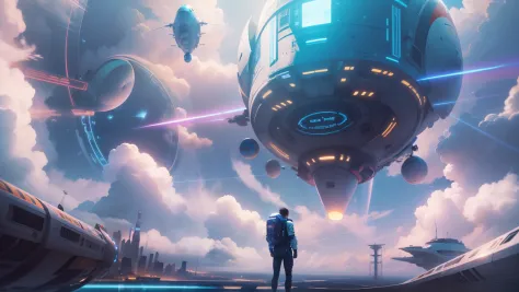 Above the clouds in the sky，Upside-down city，Mysterious sense of technology，blueglow，A futuristic，Ambilight，reflections and refractions，Strange flying machine，Laser spacecraft，A man in a spacesuit hangs in the air，Over-the-shoulder shot，ultra-realistic rea...