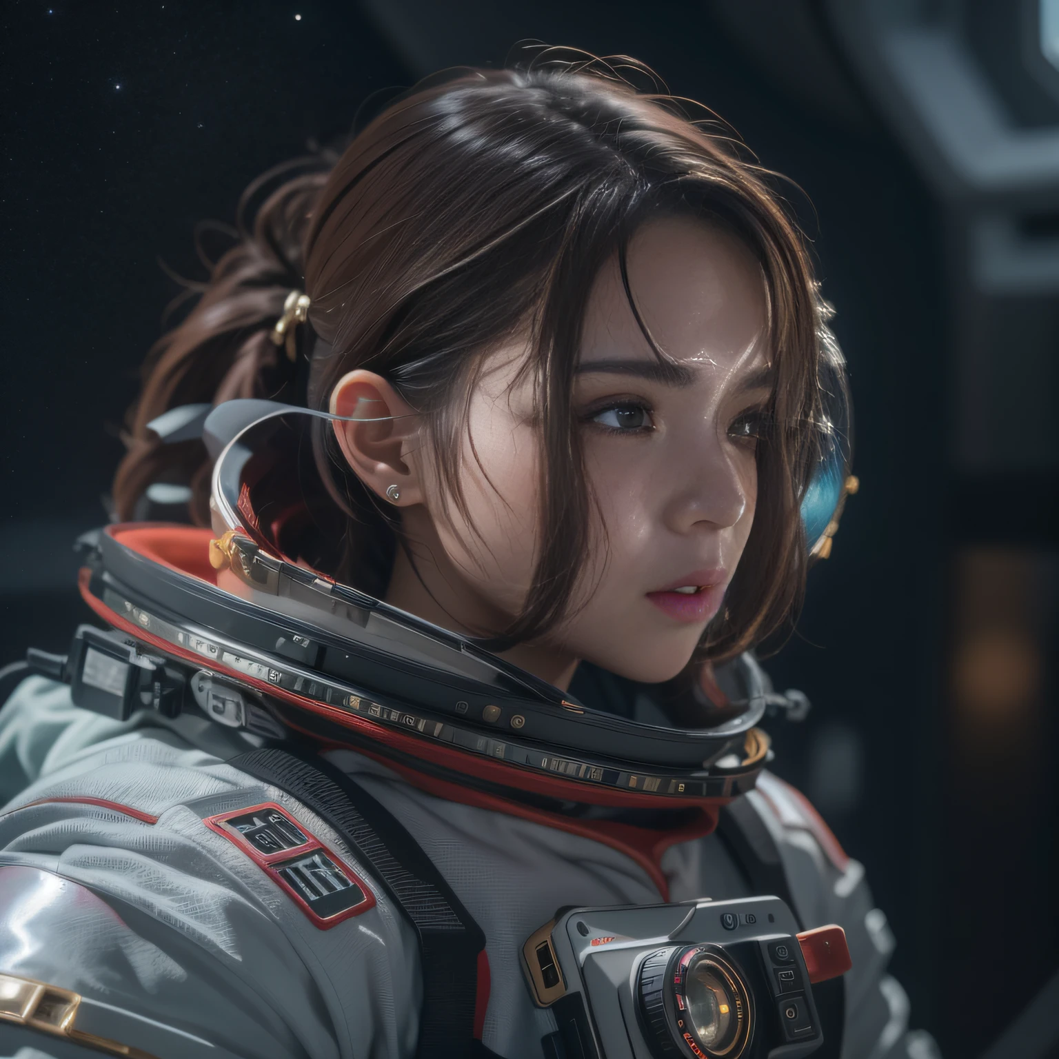 16k, RAW photo, Top quality，A half body，Lateral face，Look up at the perspective, Masterpiece（hyper HD）brunette color hair，outerspace， （realisticlying：1.4），Spacesuit， A high resolution， the detail， RAW photogr， Sharp Re， Nikon D850 Film Stock Photo by Jefferies Lee 4 Kodak Portra 400 Camera F1.6 shots, Rich colors, ultra-realistic vivid textures, Dramatic lighting, Unreal Engine Art Station Trend, cinestir 800，