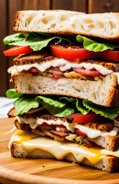 photo of a scrumptious BLT sandwich with extra bacon, (rustic diner background)+, seed bread, pepper jack cheese, (intricate det...