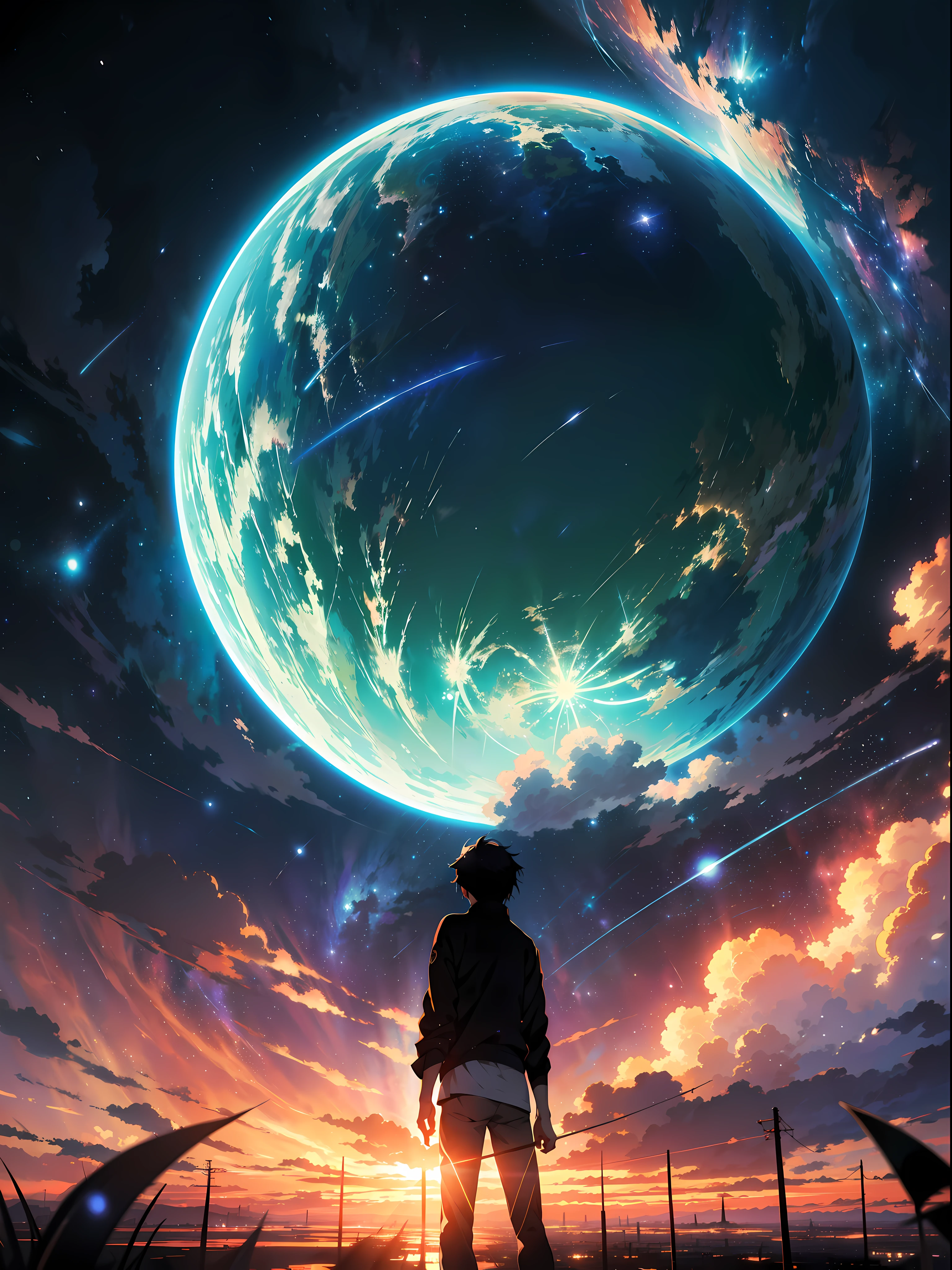 anime - style scene of a beautiful sky with a star and a planet, cosmic skies. by makoto shinkai, anime art wallpaper 4k, anime art wallpaper 4 k, anime art wallpaper 8 k, anime wallpaper 4k, anime wallpaper 4 k, 4k anime wallpaper, anime sky, amazing wallpaper, anime background, heaven planet in background, anime background art