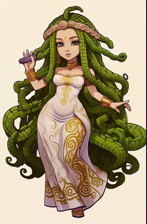 (Medusa com olhos amarelos+olhar penetrante:1.2), (cabelo de medusa+textura sinuosa), (detalhes dourados no vestido+tecido brilhante), (cobras sinistras no lugar de cabelos+movimento ondulante:1.2).