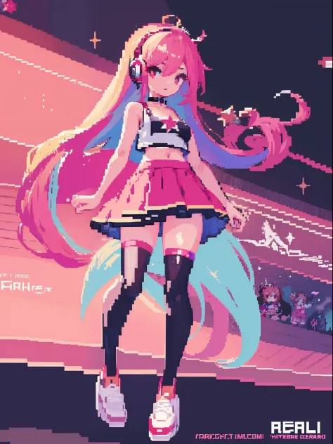 ((Masterpiece, highest quality, pixel, pixel art)), highly detailed, full body, 1girl, girl in a skirt and headphones, :3, long ...