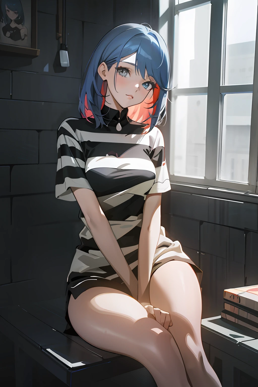 Anime-Mädchen sitzt in einer Zelle，[schwarze Strumpfhosen]!!，Rothaarige mit gestreiftem Shirt, verführerische Anime-Mädchen, gezeichnet im Anime-Malerstudio, urban girl fanart, Lässige Pose, realistischer Anime-Kunststil, [ 4 K digital art ]!!, Anime-Realismus-Stil, erstellt mit Anime Painter Studio, Vollständig bekleidet. Malerei von sexy, Marin Kitagawa fanart, Kunstwerke im Guviz-Stil