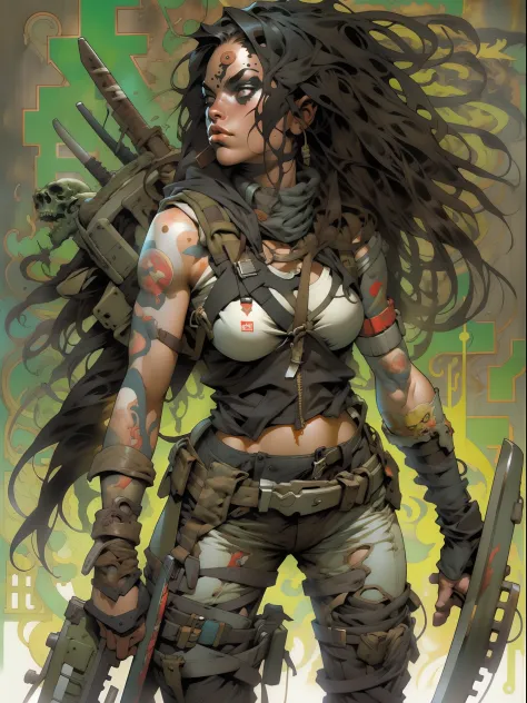 a post-apocalyptic warrior, uma mulher de 35 anos quase nua no estilo simon bisley para a capa da revista heavy metal, cabelo me...