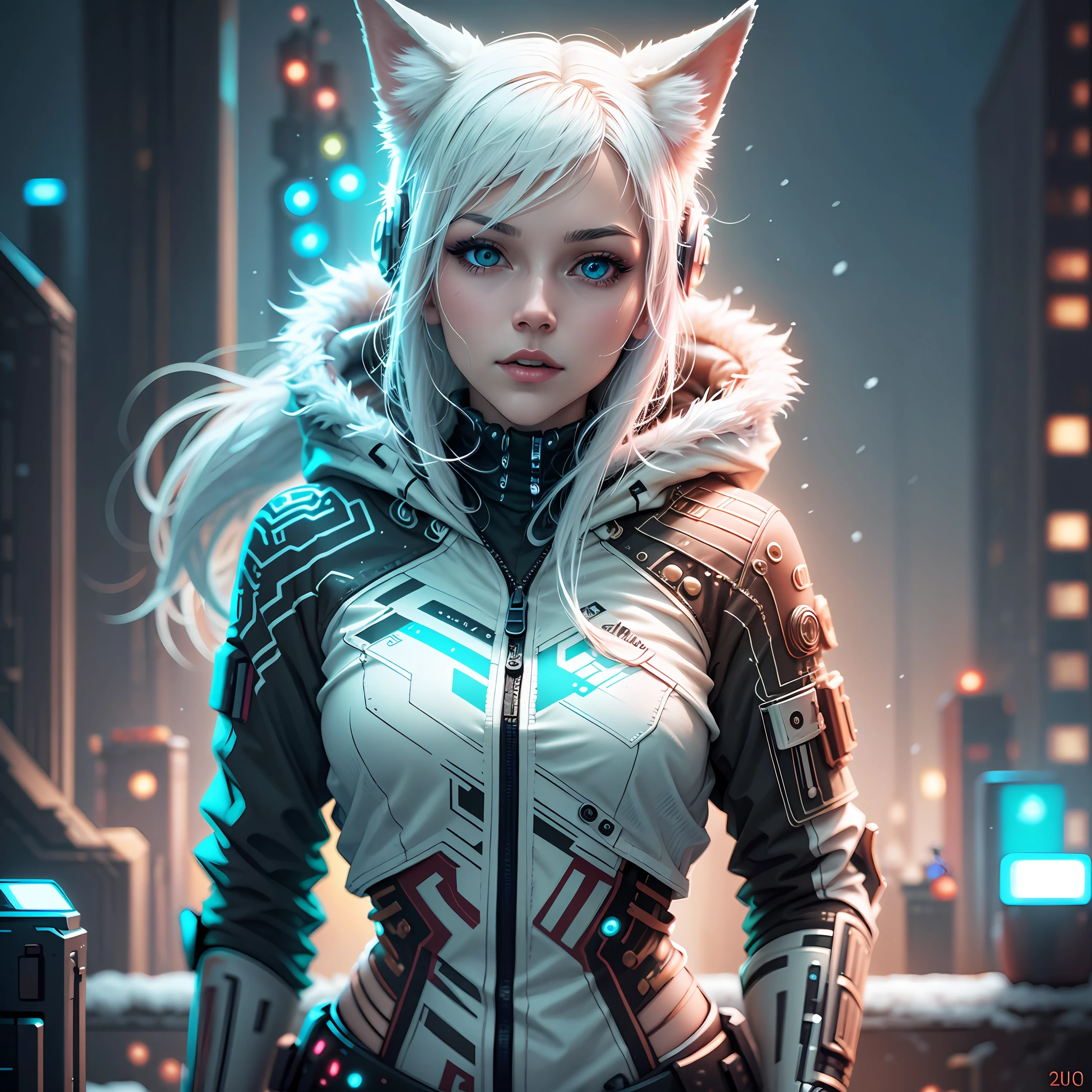re-imagining a white hair character cyberpunk customer support white fox girl snow cyberpunk super high resolution, 8k, parameters Best quality, masterpiece, super high resolution, (Realistic 2.0)