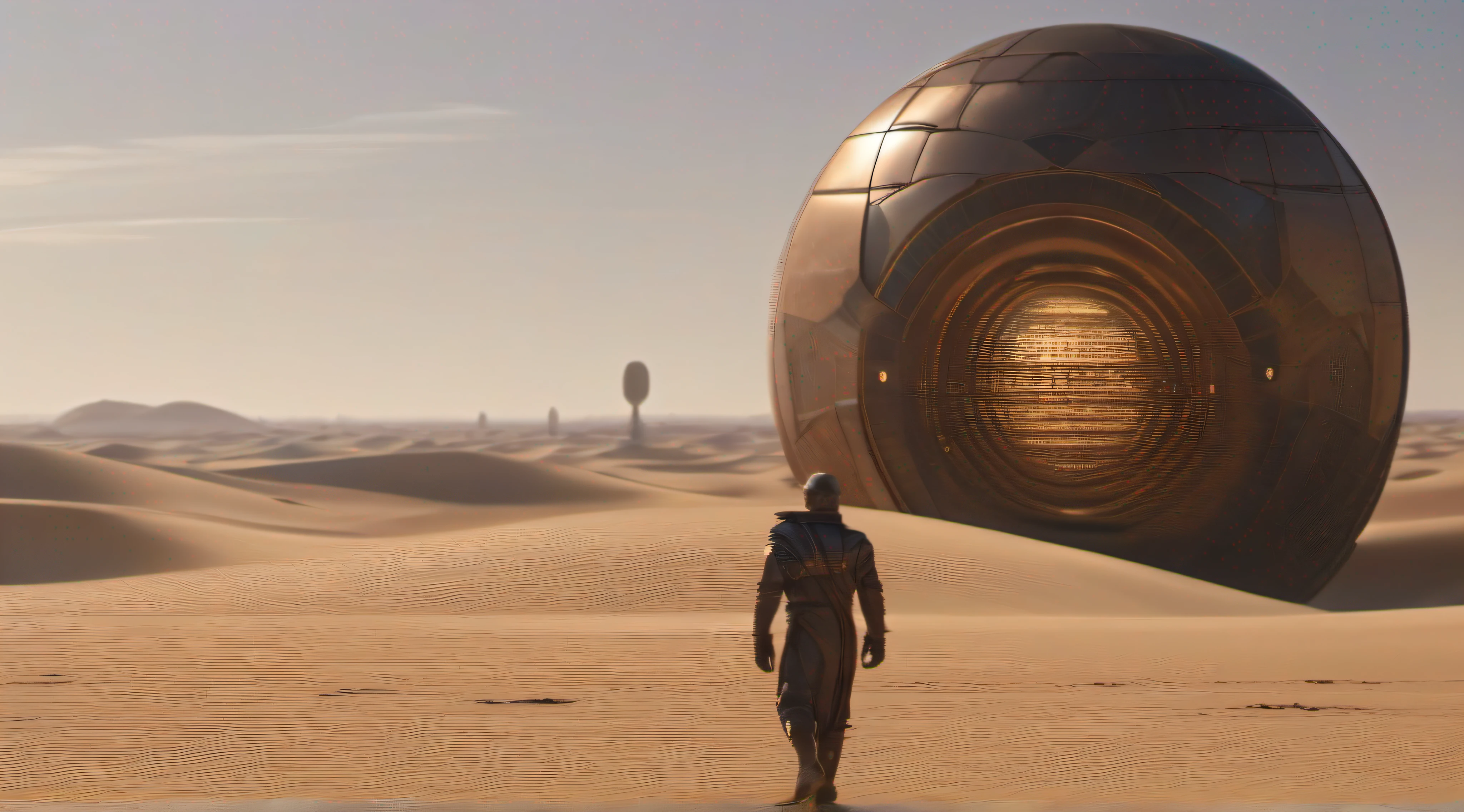 "epic masterpiece scene from the 80s movie 'Dune', fremen walking around symmetrical structures on a desert planet, with a semi-transparent planet in the background sky, in stunning 8k resolution, photorealistic"