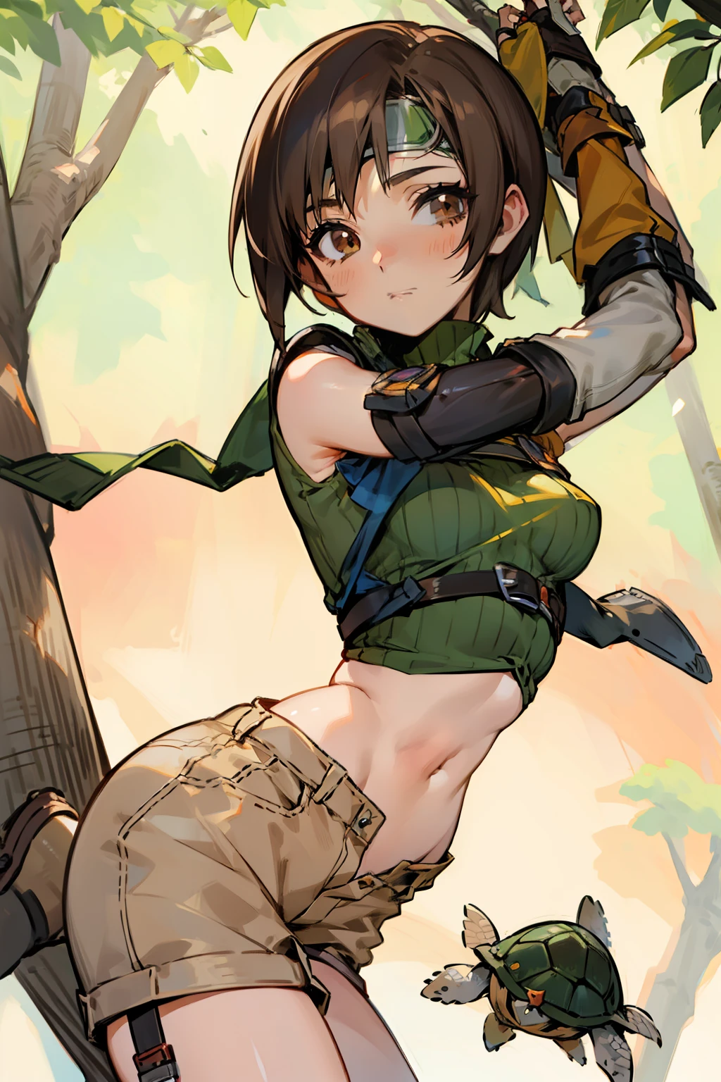 (masutepiece, 8K,Very detailed),1girl in, Short hair, head band, Navel, Sleeveless, turtle neck, Brown eyes, sleeveless turtleneck, breasts, gloves, croptop, Brown hair , Shorts, Midriff, armor, Sweaters, open fly, Fingerless gloves, Ribbed sweater, medium breasts, Yuffie_Kisaragi_01 Girls,on a tree,perspiring,Leg up,Dynamic Angle
