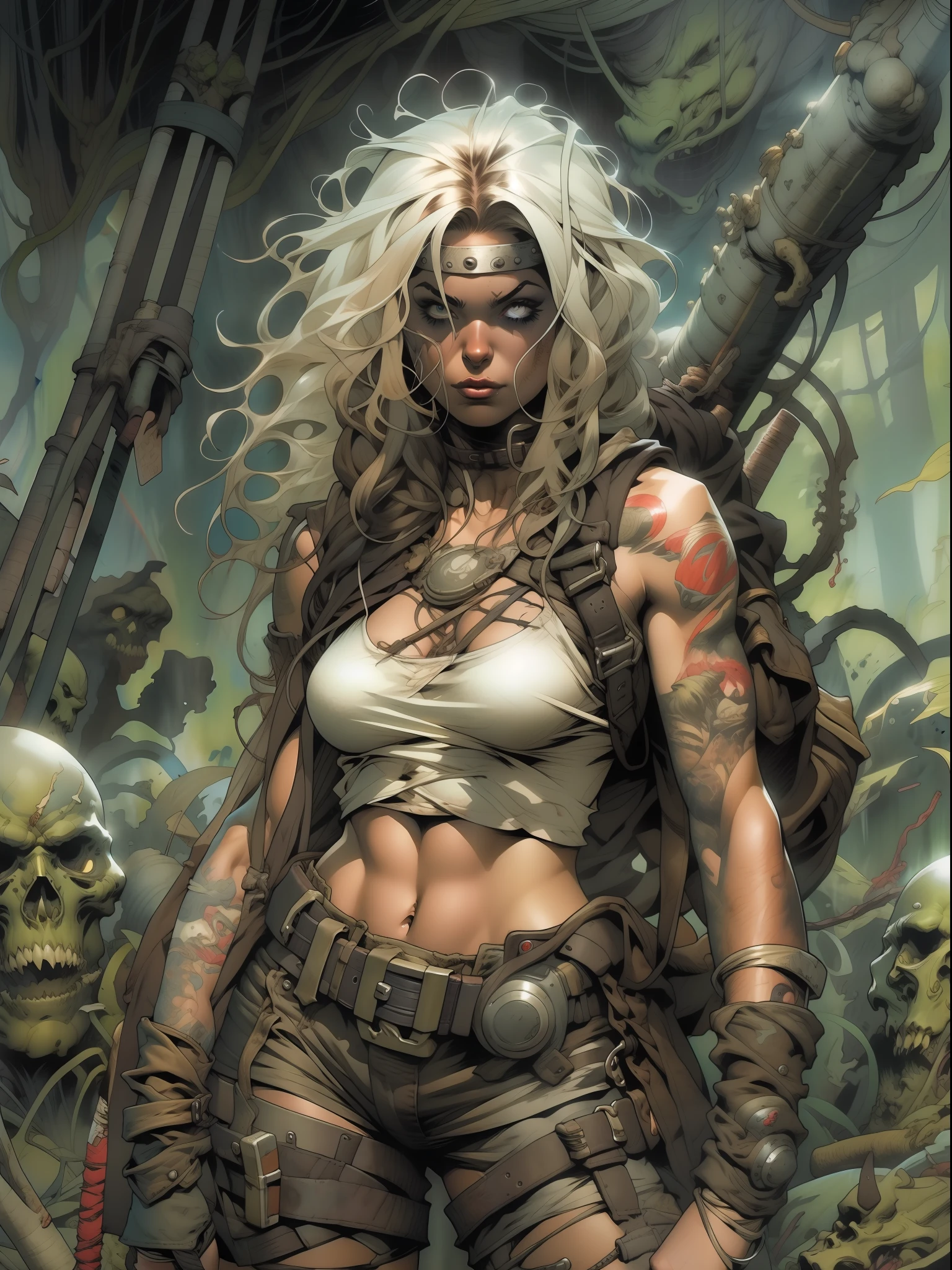 A post-apocalyptic warrior, uma mulher de 35 anos quase nua no estilo Simon Bisley para a capa da revista Heavy Metal, cabelo metade preto metade branco, Minimum clothing, roupas curtas,