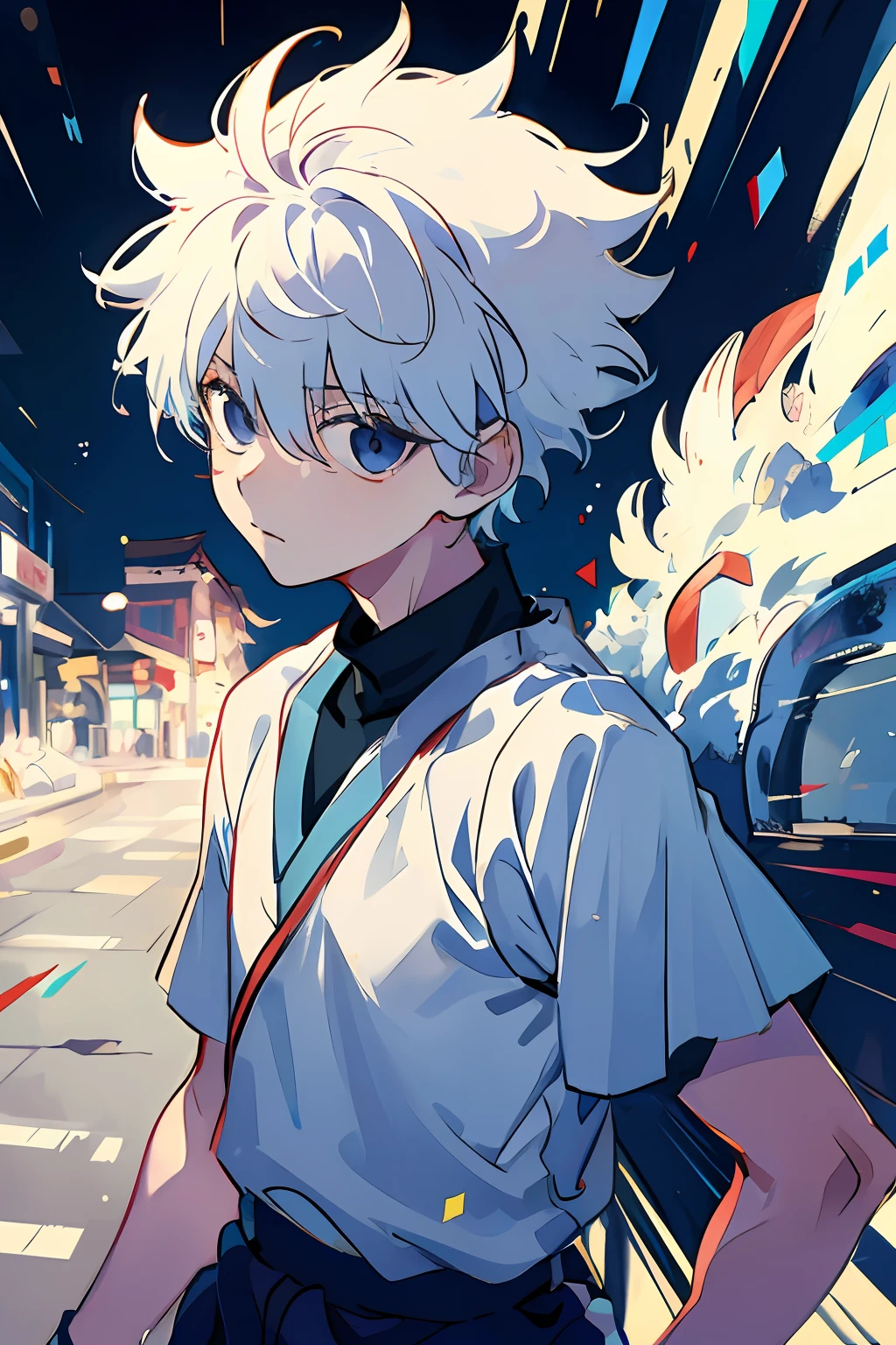 1boy, killua_zoldyck, solo, focus, teen, walking, looking down, worried, sports shorts, japanese style, upper body, from side, small town, soft light, looking at viewer