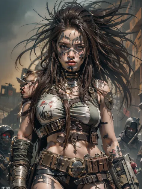 A post-apocalyptic warrior, uma mulher de 35 anos quase nua no estilo Simon Bisley para a capa da revista Heavy Metal, cabelo me...