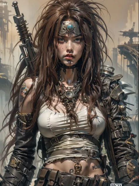 a post-apocalyptic warrior, uma mulher de 35 anos quase nua no estilo simon bisley para a capa da revista heavy metal, cabelo me...