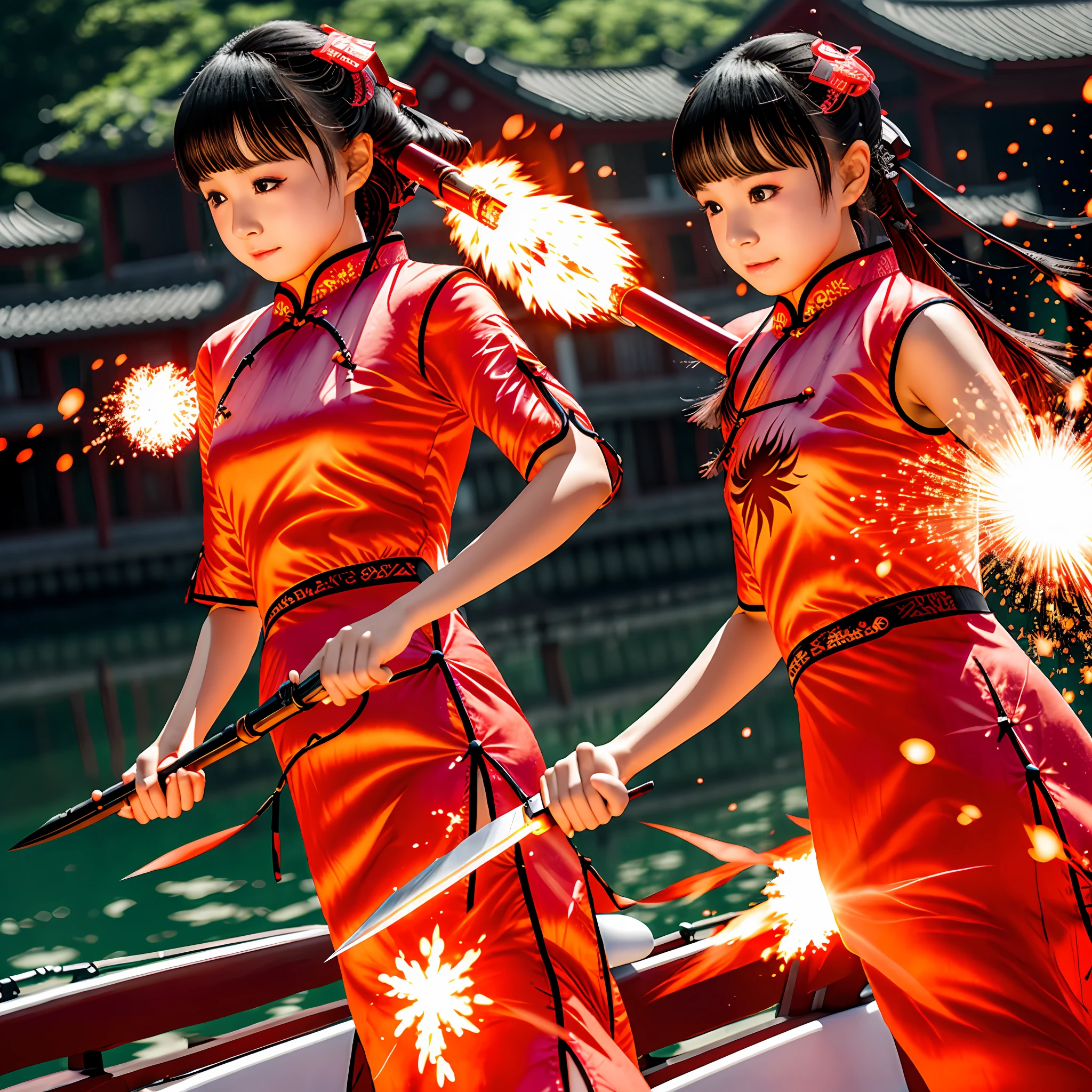 fille adolescente，sur le cheongsam，Couteau，la nuit，Effet de particule de lumière de flamme sur le bord du bateau