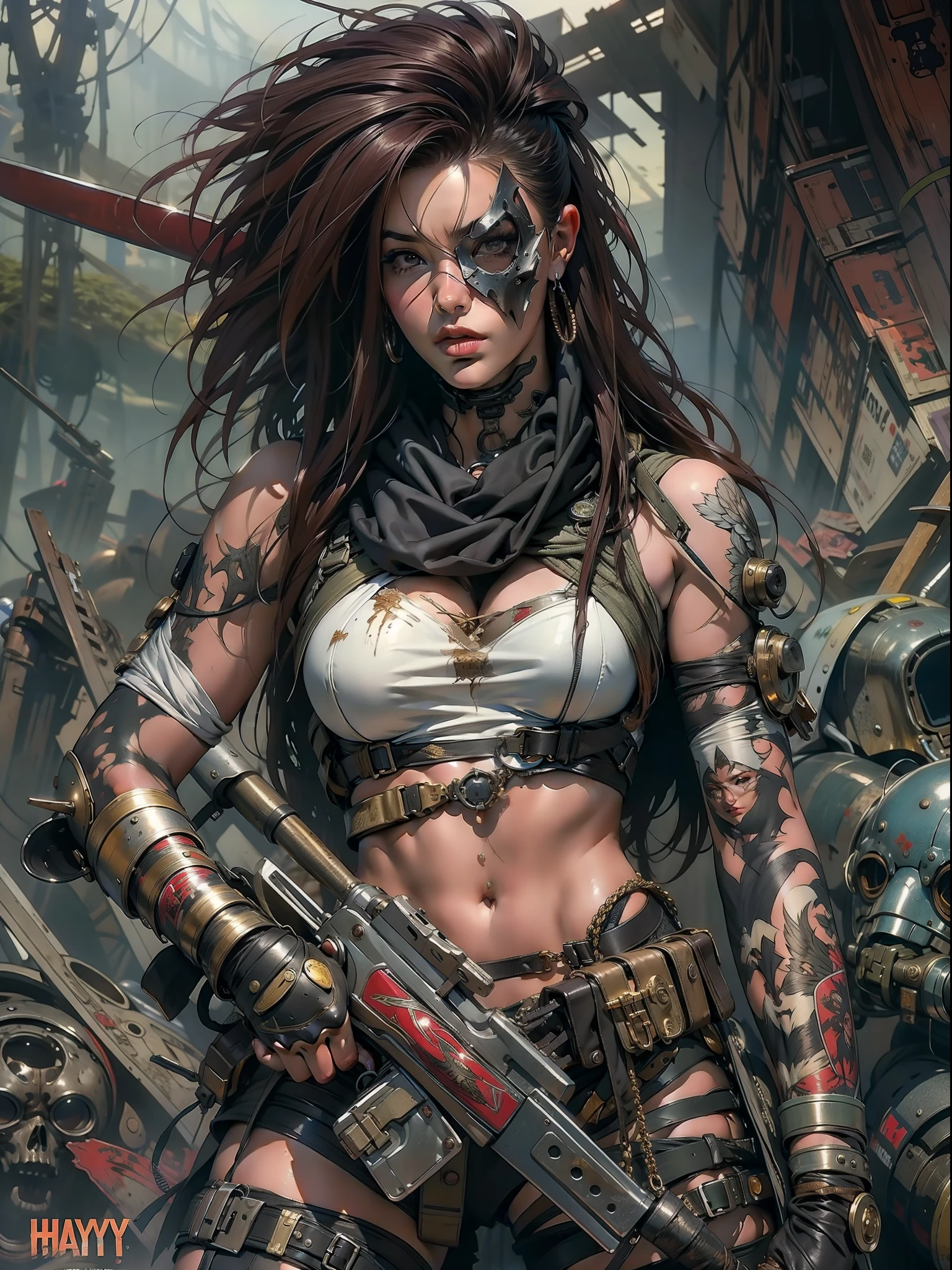 末日战士, 一位 35 岁的女性以西蒙·比斯利 (Simon Bisley) 风格几乎全裸登上《重金属》杂志封面, 一半黑一半白头发, 最低限度的服装, 短衣服,