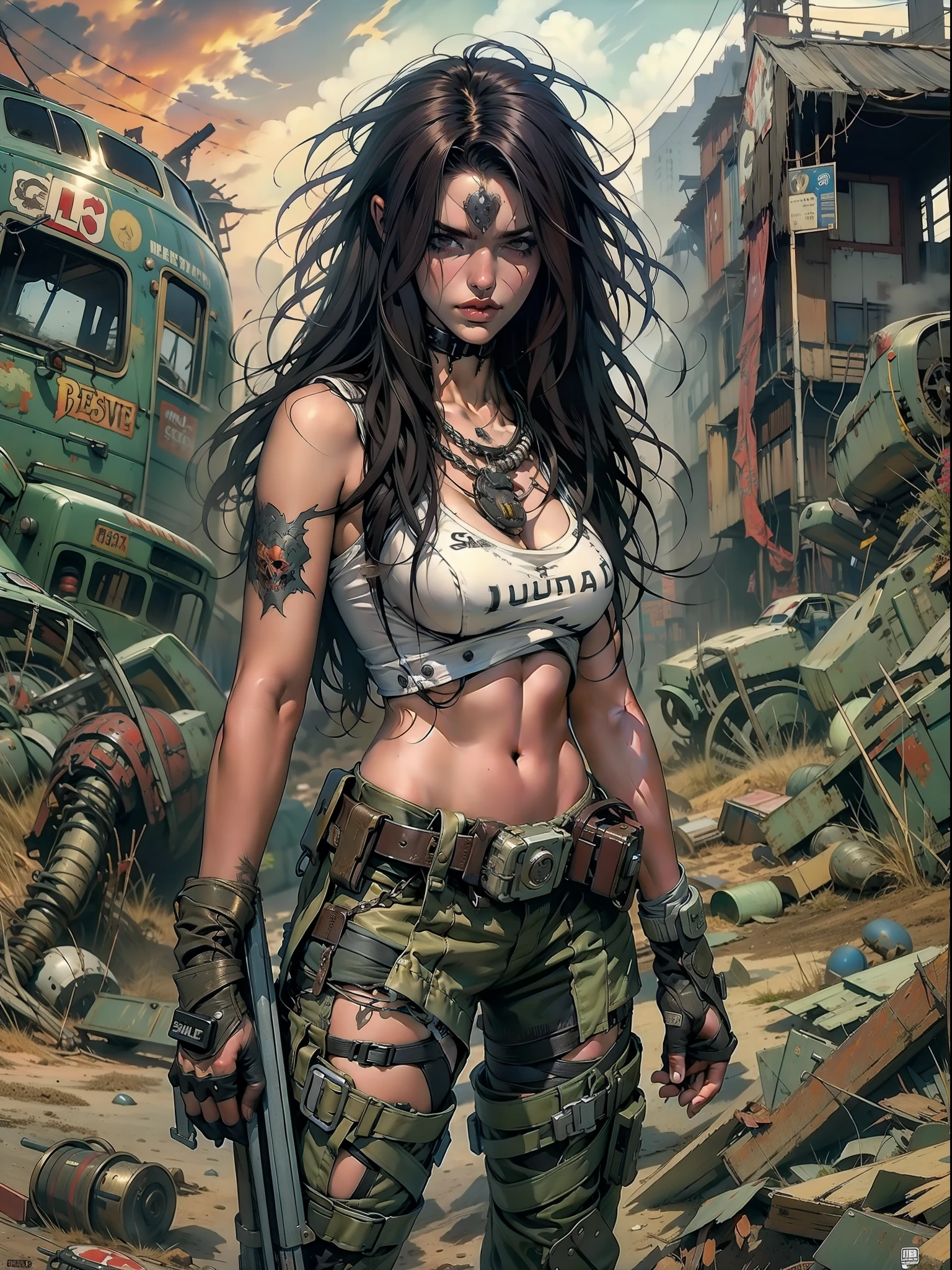 A post-apocalyptic warrior, uma mulher de 35 anos quase nua no estilo Simon Bisley para a capa da revista Heavy Metal, cabelo metade preto metade branco, Minimum clothing, roupas curtas,