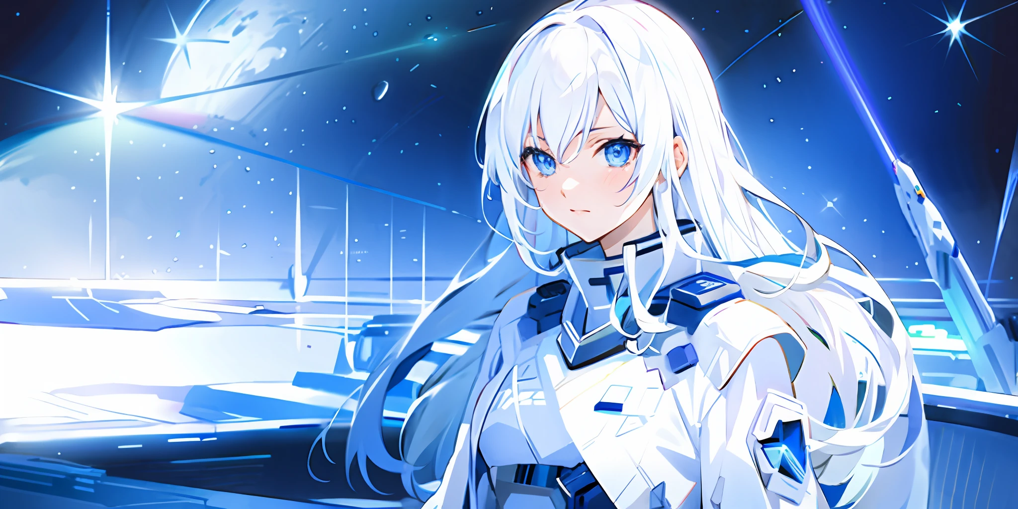 Anime girl with white hair and blue eyes standing in front of a spaceship, portrait anime space cadet girl, Scientist white coat